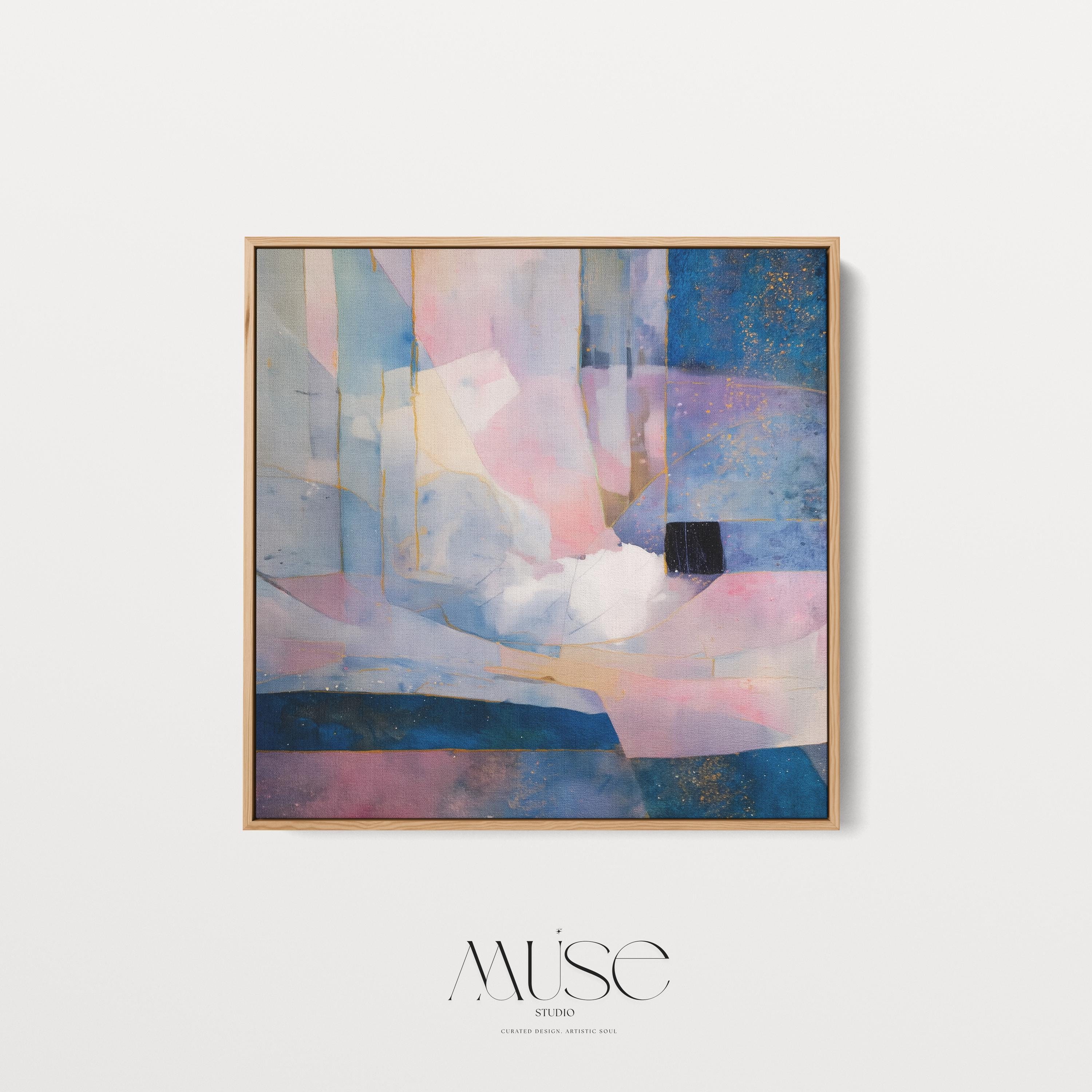 Framed abstract canvas art in soft lavender, blush pink, and deep blue with gold detailing and geometric structure. A dreamy, celestial piece ideal for bedrooms, moody transitional spaces, or modern glam interiors. Available as a framed canvas in multiple finish options for curated, color-forward decor.