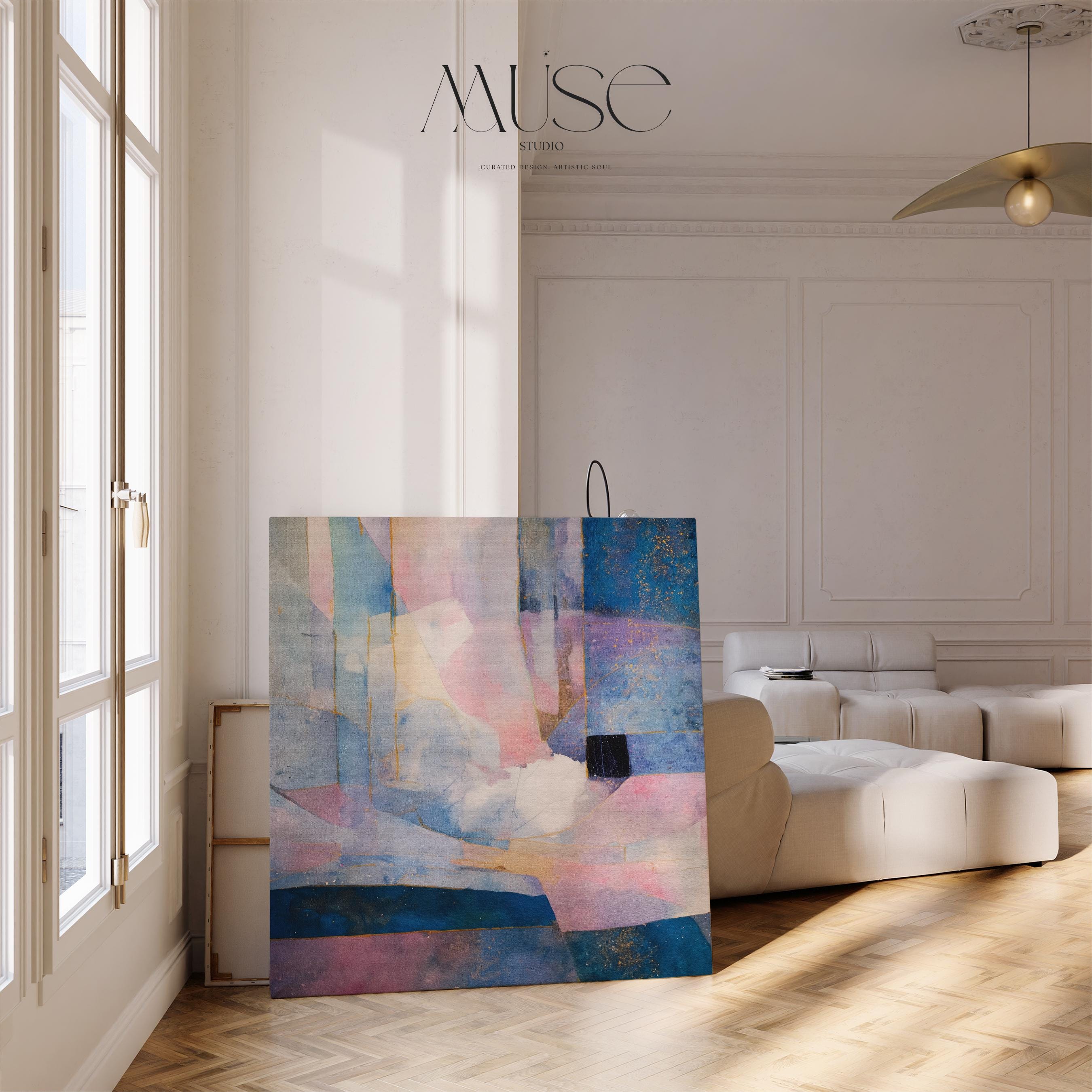 Square abstract canvas wall art in lavender, blush pink, and deep indigo with gold details and geometric layering. A soft, dreamy piece perfect for bedrooms or modern interiors. Available as a fine art poster or canvas wall art for curated, color-forward decor.