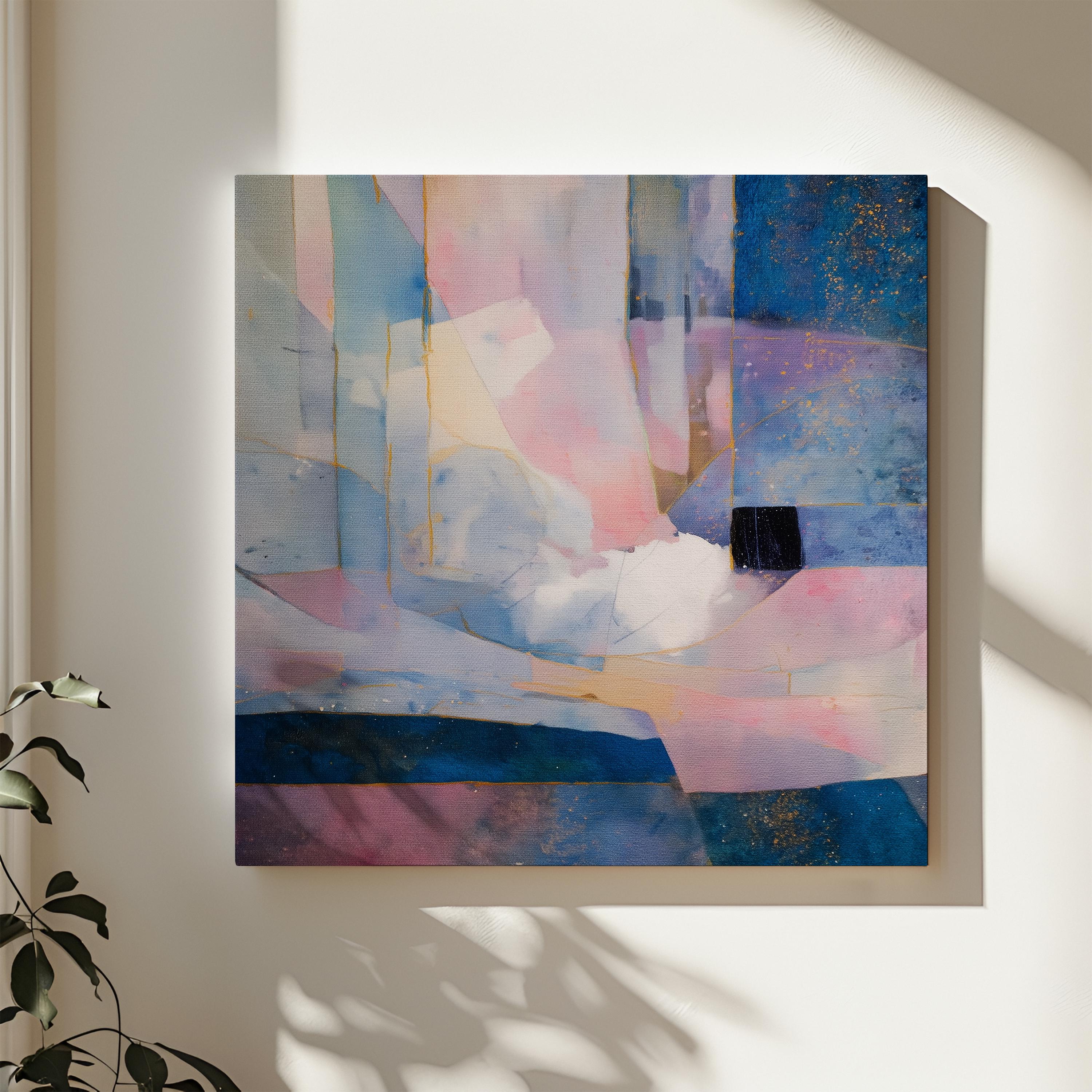 Square abstract canvas wall art in lavender, blush pink, and deep indigo with gold details and geometric layering. A soft, dreamy piece perfect for bedrooms or modern interiors. Available as a fine art poster or canvas wall art for curated, color-forward decor.