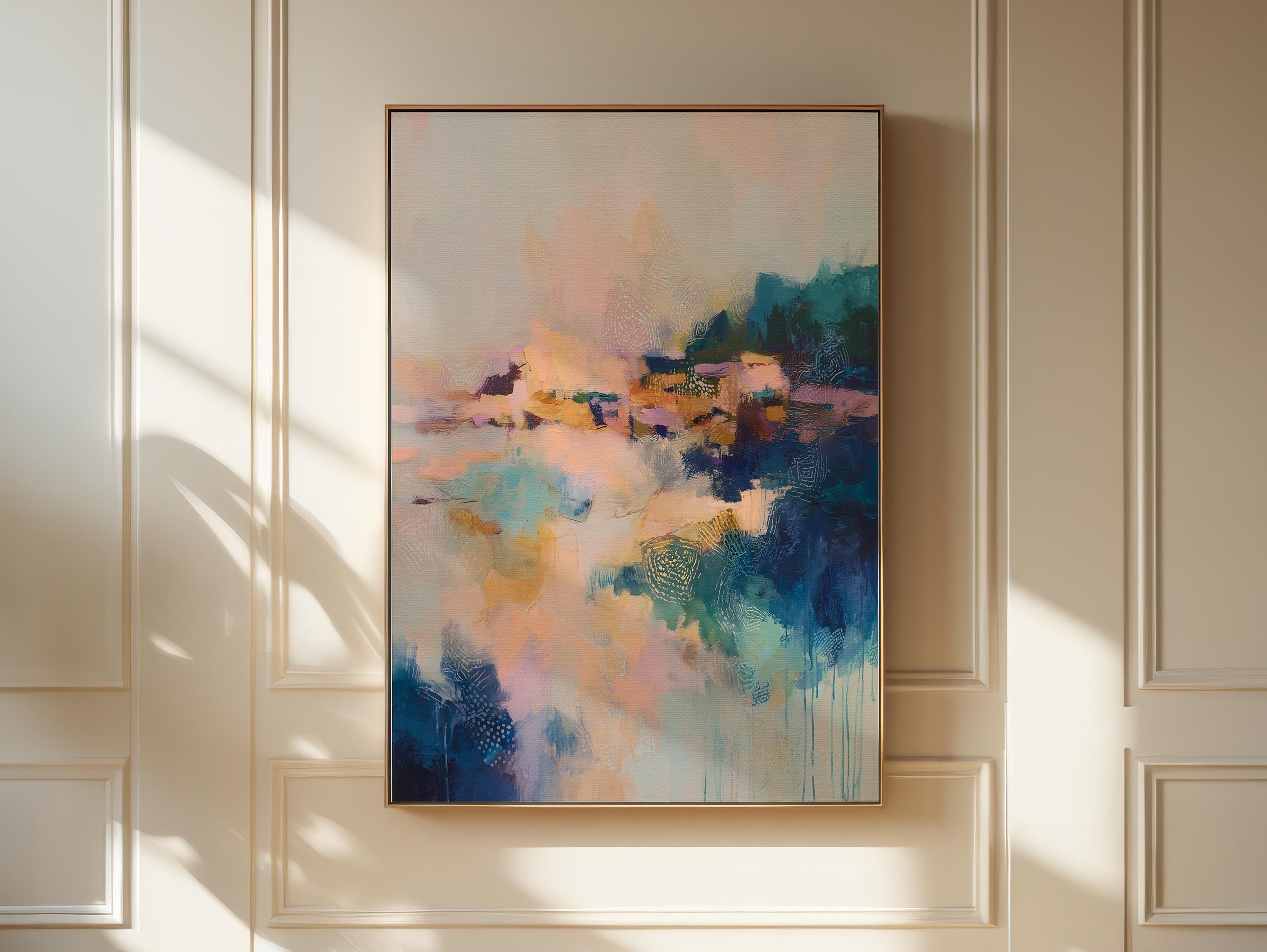Harbor Sonata No. 1062 by Muse Studio & Co. teal peach gold abstract wall art printed with museum-grade giclée inks on premium gallery-wrapped artist canvas and framed in a custom wood float frame available in natural, white, black, antique gold, and antique silver, styled as large modern wall art in a serene designer living room.