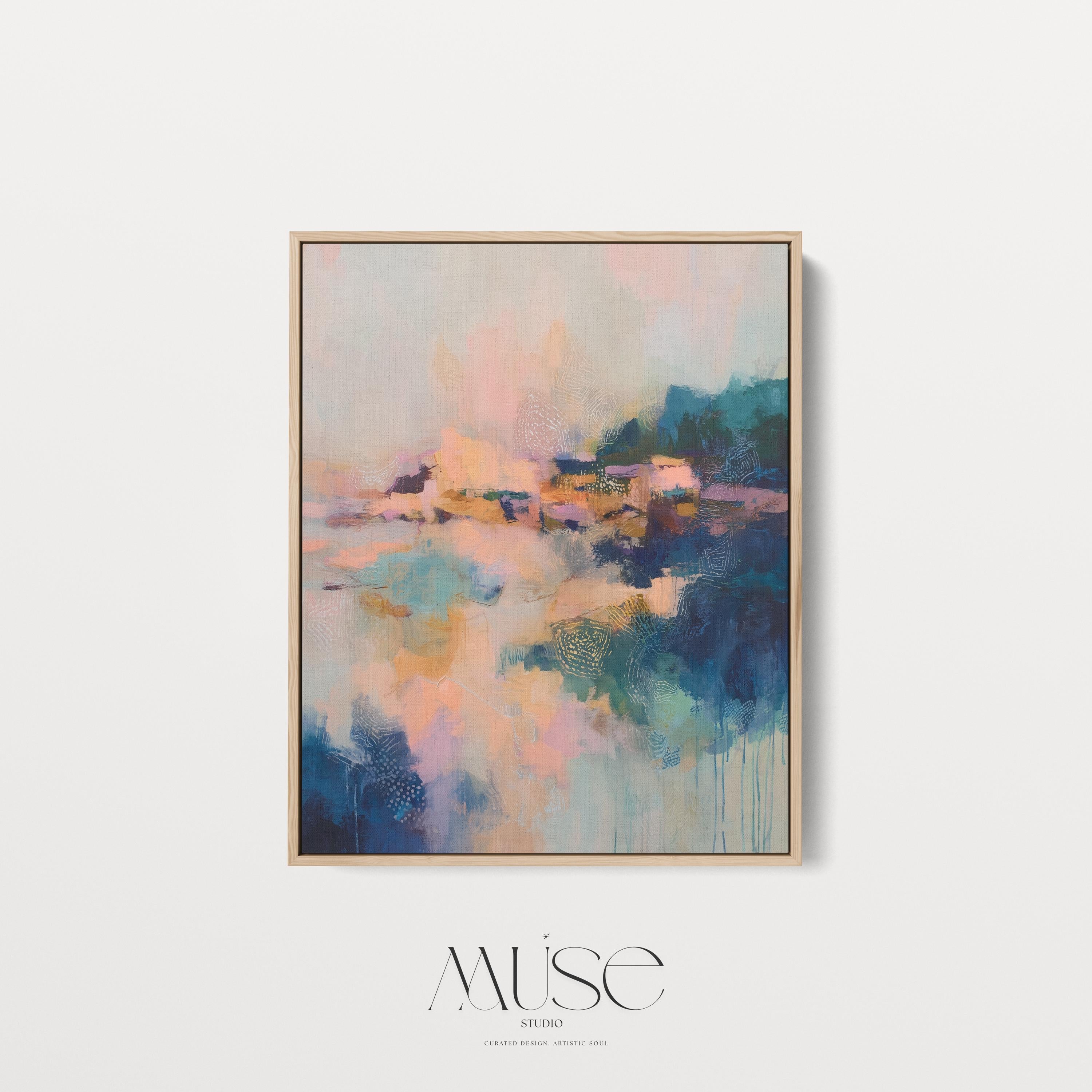 Vertical framed abstract wall art in blush, peach, teal, and navy with soft painterly textures and subtle gold undertones. Ideal for bedrooms, transitional entryways, or softly styled interiors. Available as a floating framed canvas for curated, color-forward decor.