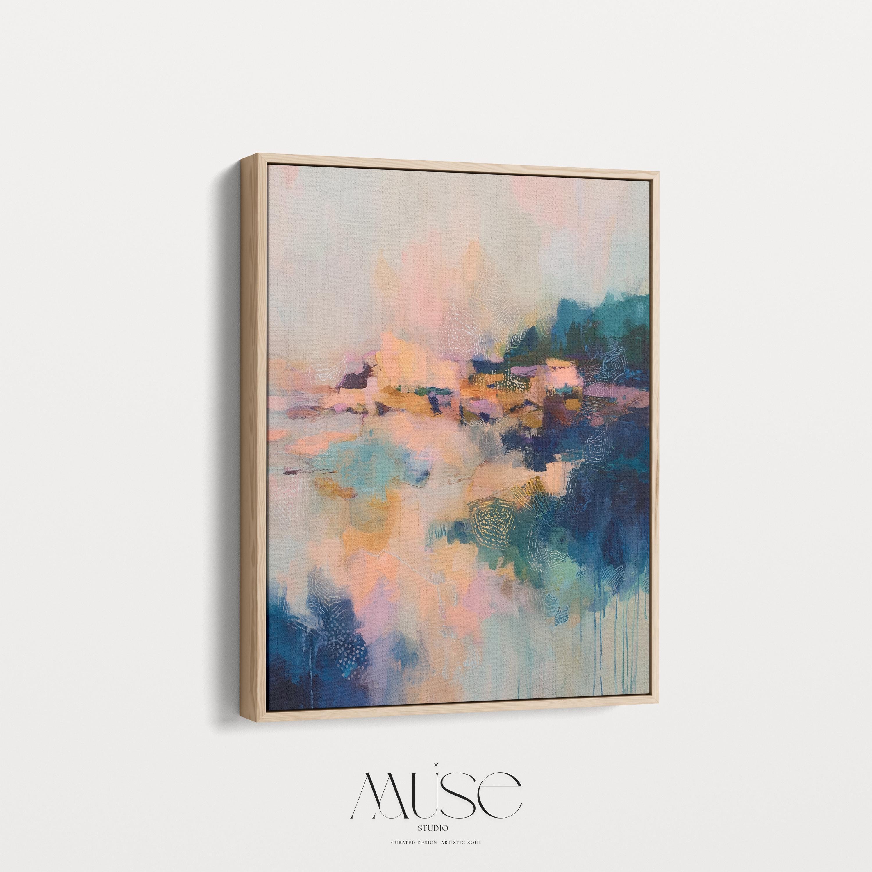 Vertical framed abstract wall art in blush, peach, teal, and navy with soft painterly textures and subtle gold undertones. Ideal for bedrooms, transitional entryways, or softly styled interiors. Available as a floating framed canvas for curated, color-forward decor.