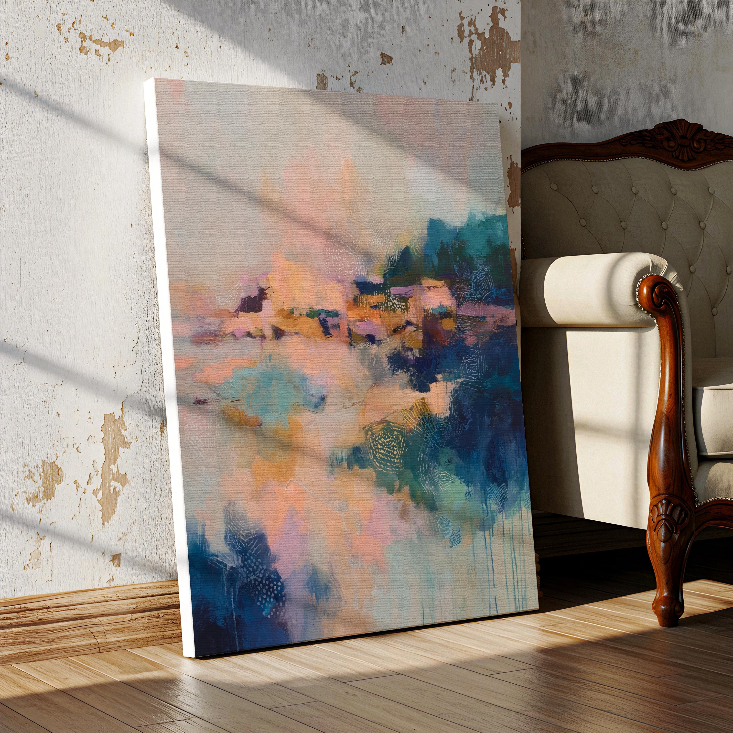 Vertical canvas abstract wall art in blush, teal, peach, and navy with painterly texture and dreamlike movement. Ideal for soft contemporary bedrooms, transitional entryways, or calm modern interiors. Available as a fine art poster or canvas wall art for curated, color-forward decor.
