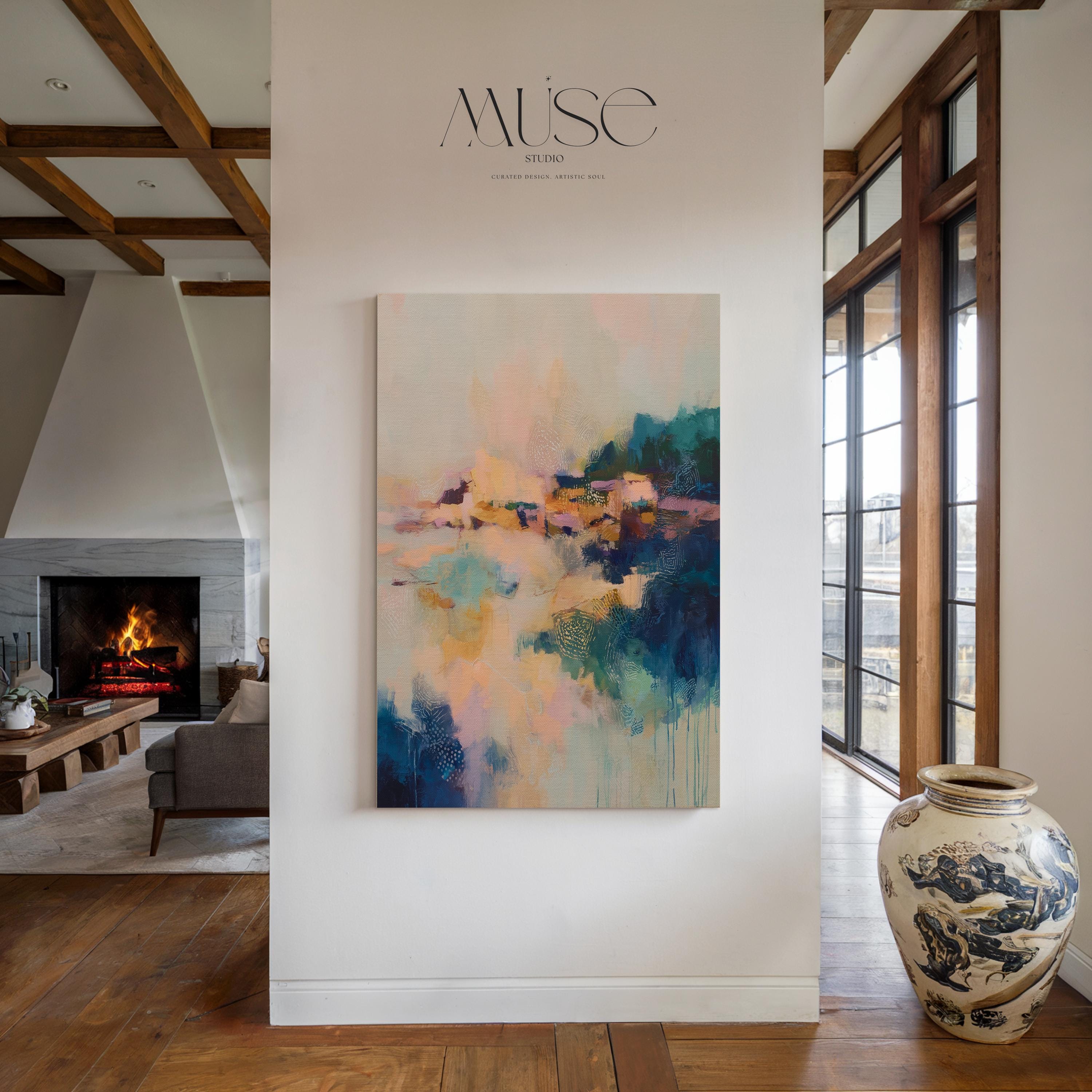 Harbor Sonata No. 1062 by Muse Studio & Co. teal peach coral abstract canvas wall art printed with museum-grade giclée inks on premium gallery-wrapped artist canvas, large vertical modern wall art styled above a neutral sofa in a serene coastal inspired living room.
