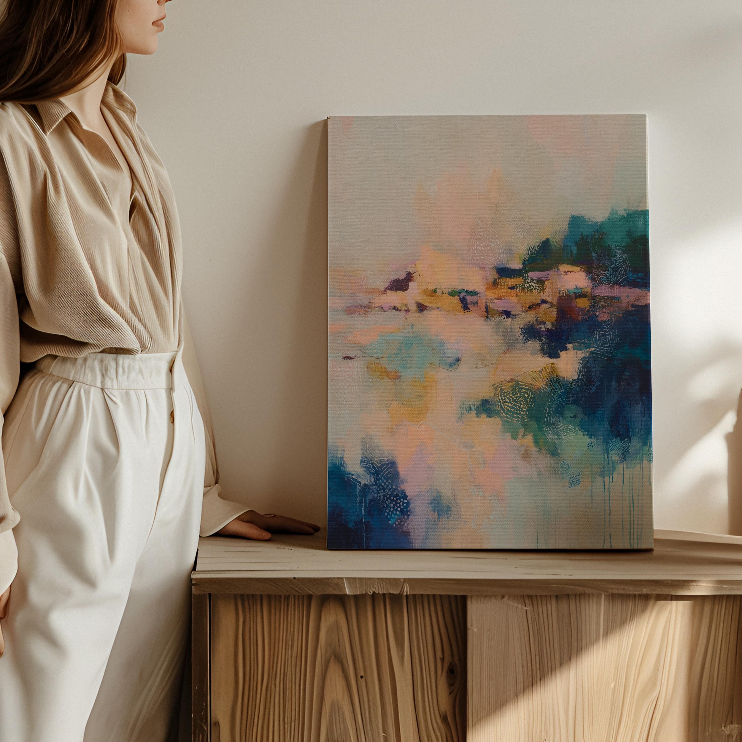 Vertical canvas abstract wall art in blush, teal, peach, and navy with painterly texture and dreamlike movement. Ideal for soft contemporary bedrooms, transitional entryways, or calm modern interiors. Available as a fine art poster or canvas wall art for curated, color-forward decor.
