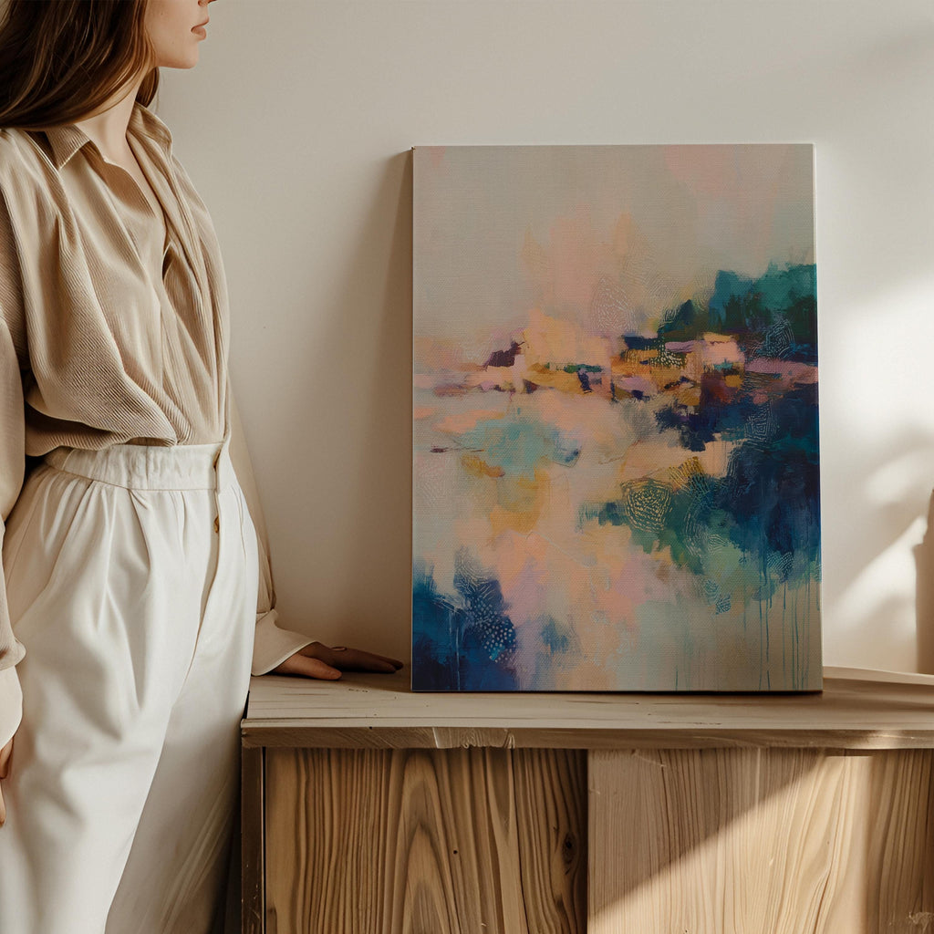 Vertical canvas abstract wall art in blush, teal, peach, and navy with painterly texture and dreamlike movement. Ideal for soft contemporary bedrooms, transitional entryways, or calm modern interiors. Available as a fine art poster or canvas wall art for curated, color-forward decor.