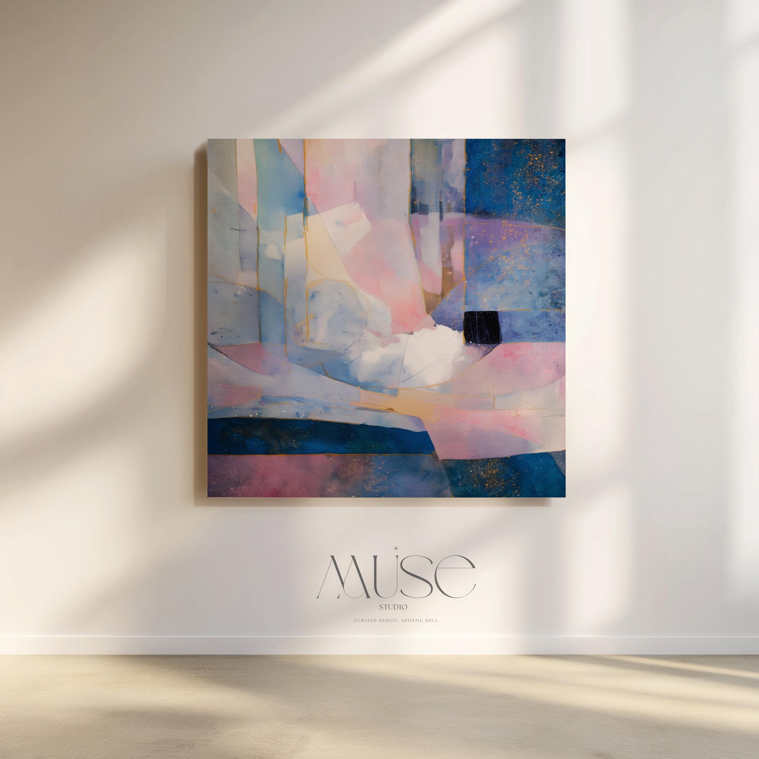 Aurora Sonata No. 1061 by Muse Studio & Co. pastel abstract canvas wall art in blush, sky blue, lavender and gold tones printed with museum-grade giclée inks on premium gallery-wrapped artist canvas, large modern wall art styled above a neutral sofa in a serene designer living room.