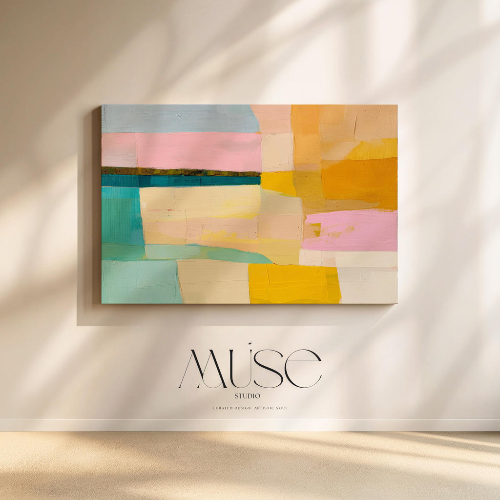 Horizontal abstract wall art with blocks of blush pink, mint green, golden yellow, and ochre in a color field style. Painted in a warm, playful palette perfect for preppy bedrooms, soft modern offices, or warm minimalist interiors. Available as a fine art poster or canvas wall art for curated, color-forward decor.