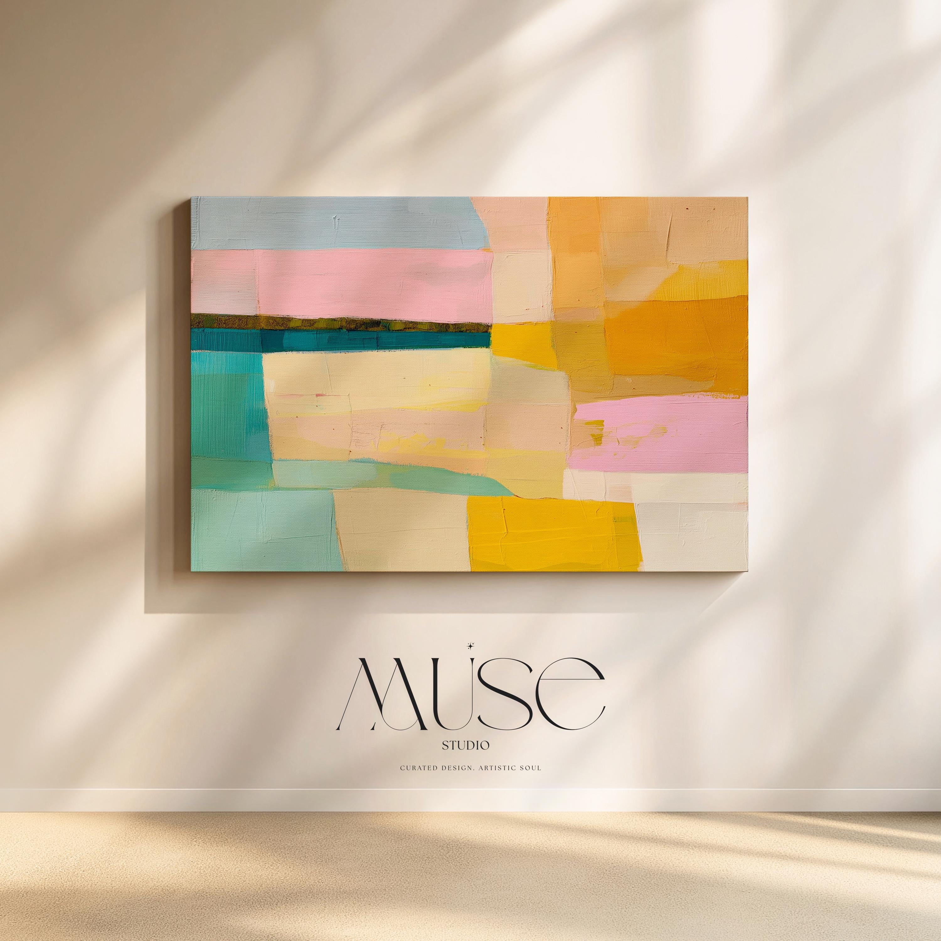 Horizontal abstract wall art with blocks of blush pink, mint green, golden yellow, and ochre in a color field style. Painted in a warm, playful palette perfect for preppy bedrooms, soft modern offices, or warm minimalist interiors. Available as a fine art poster or canvas wall art for curated, color-forward decor.