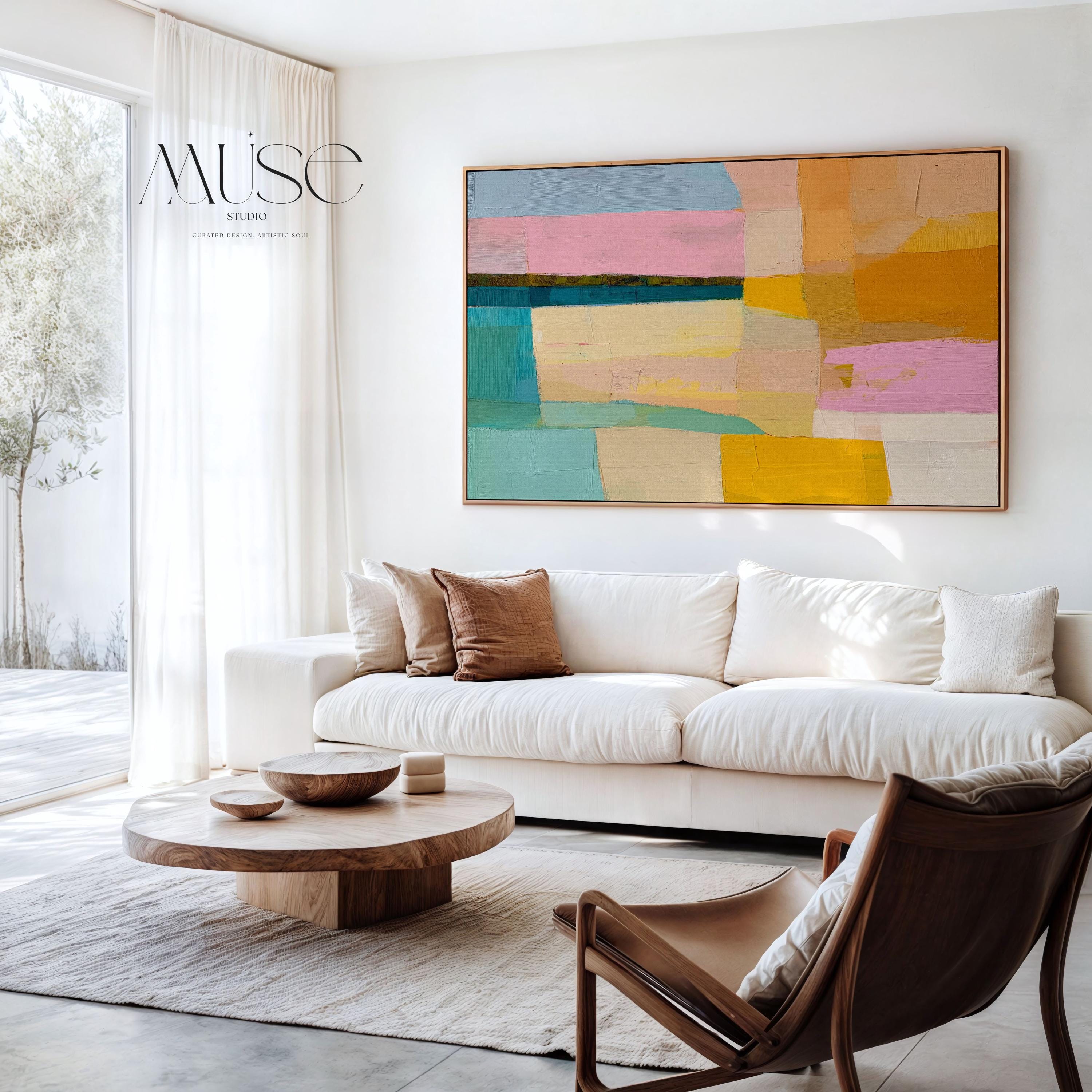 Horizontal abstract wall art with blocks of blush pink, mint green, golden yellow, and ochre in a color field style. Painted in a warm, playful palette perfect for preppy bedrooms, soft modern offices, or warm minimalist interiors. Available as a fine art poster or canvas wall art for curated, color-forward decor.