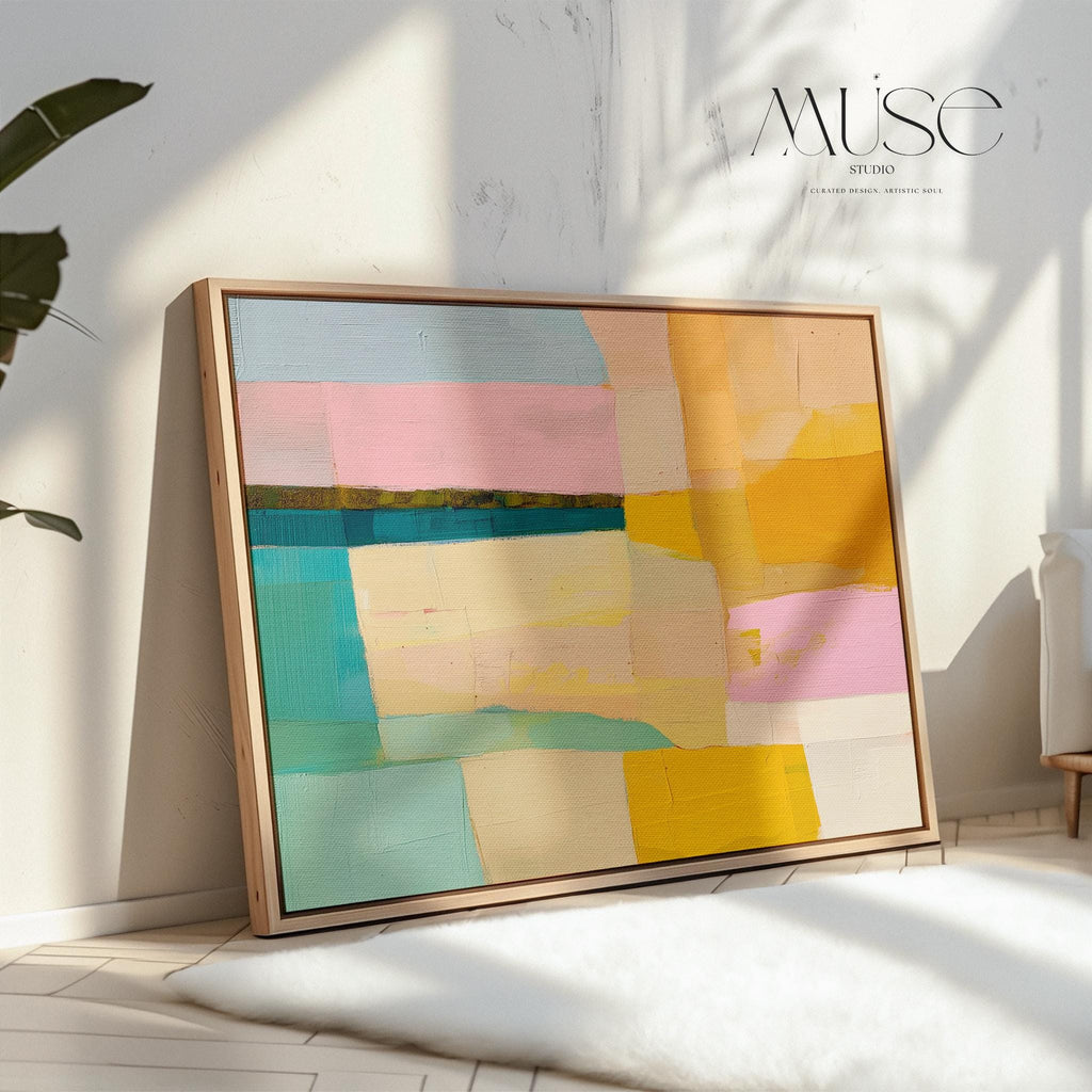 Horizontal abstract wall art with blocks of blush pink, mint green, golden yellow, and ochre in a color field style. Painted in a warm, playful palette perfect for preppy bedrooms, soft modern offices, or warm minimalist interiors. Available as a fine art poster or canvas wall art for curated, color-forward decor.