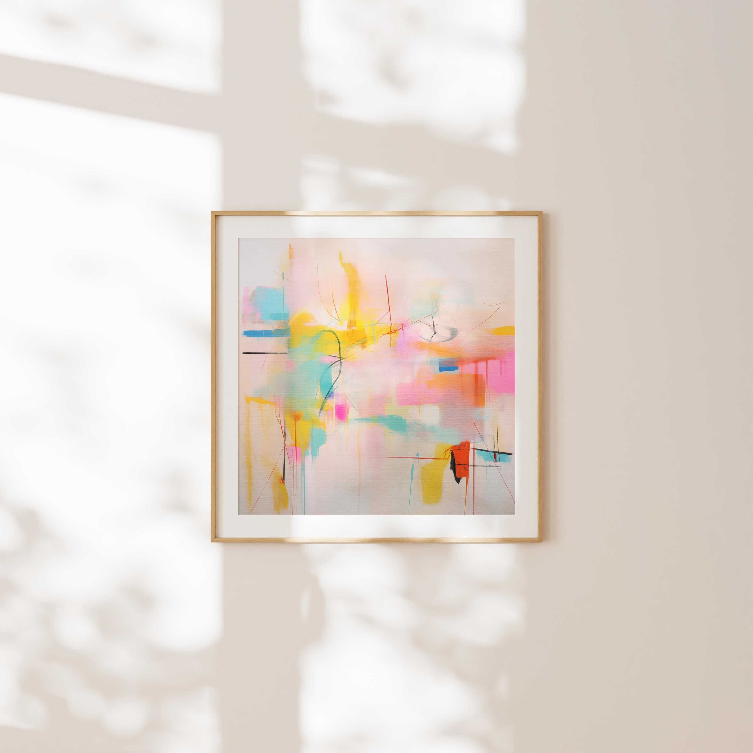 Abstract canvas wall art by Muse Studio featuring bright pink and yellow retro pop brushwork in a bold contemporary composition. MUSE 031 is styled for kids room wall decor, colorful office art, extra large living room decor, nursery wall art, and creative studio spaces, printed with museum-grade giclée inks on premium gallery-wrapped artist canvas with floating framed art options available.
