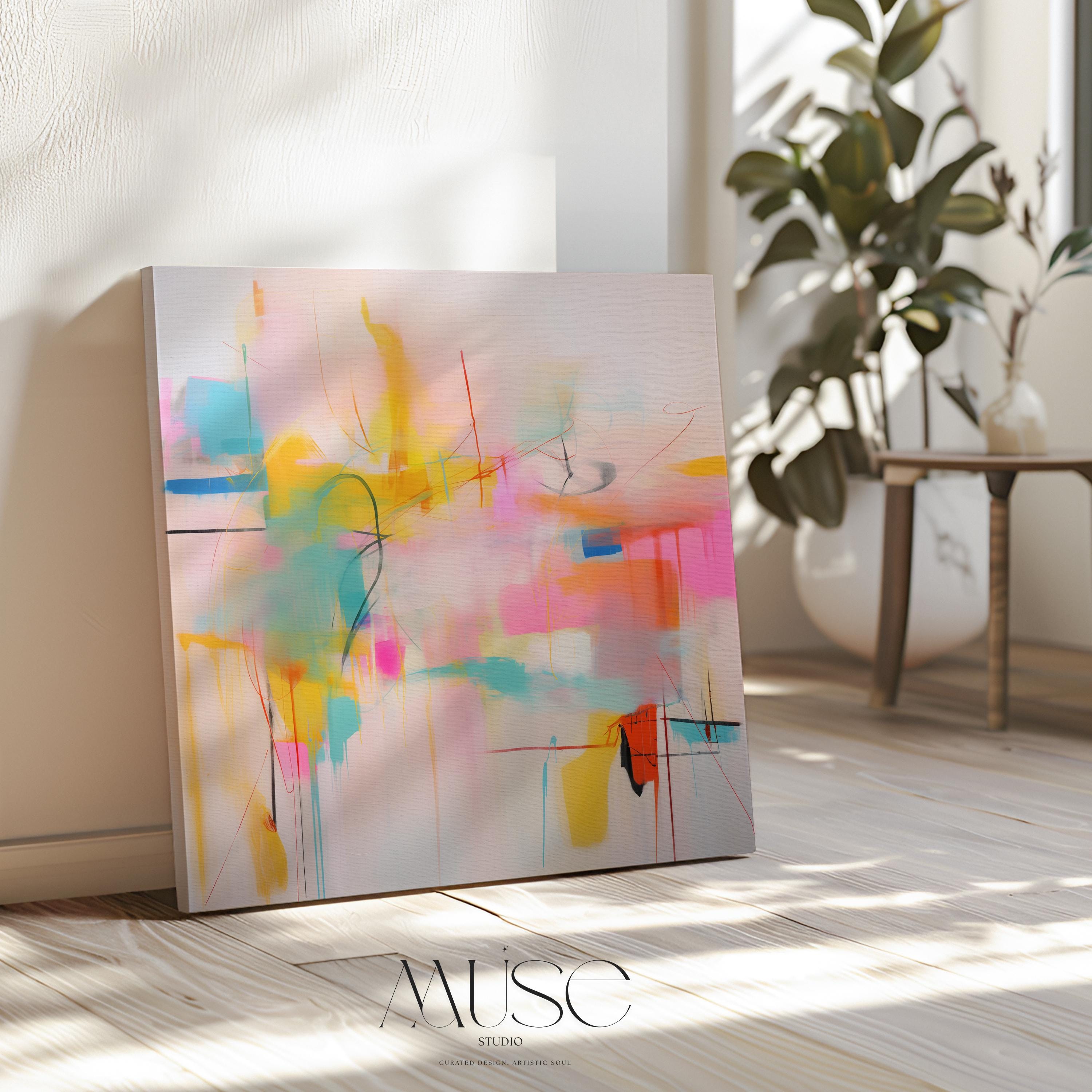 Colorful abstract wall art featuring energetic pinks, vibrant yellow, coral, and turquoise with expressive lines and movement. This high-energy color pop composition is styled for dopamine decor, eclectic interiors, and bold statement walls in living rooms or entry spaces. Available as a fine art poster or canvas wall art for curated, color-forward decor.