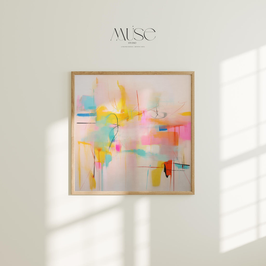 Colorful abstract wall art featuring energetic pinks, vibrant yellow, coral, and turquoise with expressive lines and movement. This high-energy color pop composition is styled for dopamine decor, eclectic interiors, and bold statement walls in living rooms or entry spaces. Available as a fine art poster or canvas wall art for curated, color-forward decor.