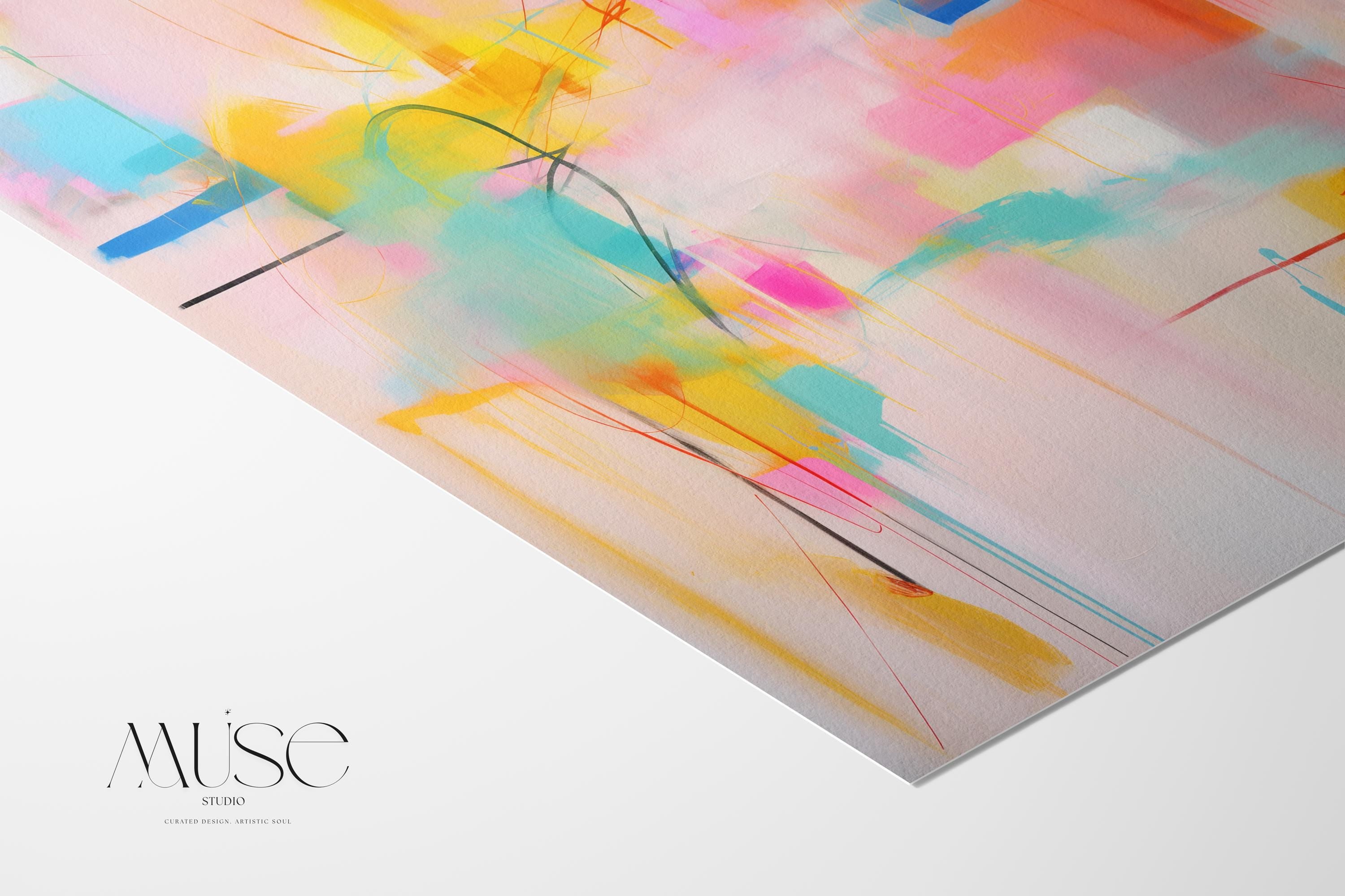 Colorful abstract wall art featuring energetic pinks, vibrant yellow, coral, and turquoise with expressive lines and movement. This high-energy color pop composition is styled for dopamine decor, eclectic interiors, and bold statement walls in living rooms or entry spaces. Available as a fine art poster or canvas wall art for curated, color-forward decor.