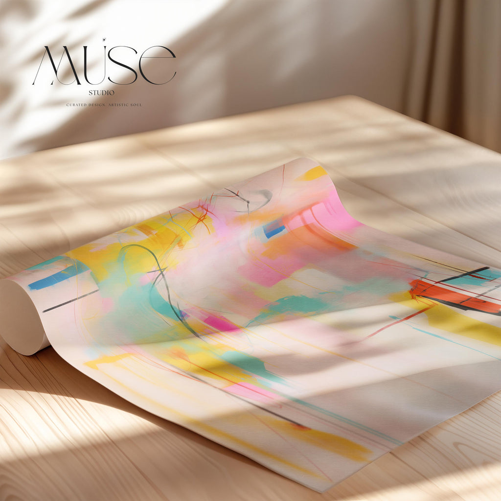 Colorful abstract wall art featuring energetic pinks, vibrant yellow, coral, and turquoise with expressive lines and movement. This high-energy color pop composition is styled for dopamine decor, eclectic interiors, and bold statement walls in living rooms or entry spaces. Available as a fine art poster or canvas wall art for curated, color-forward decor.