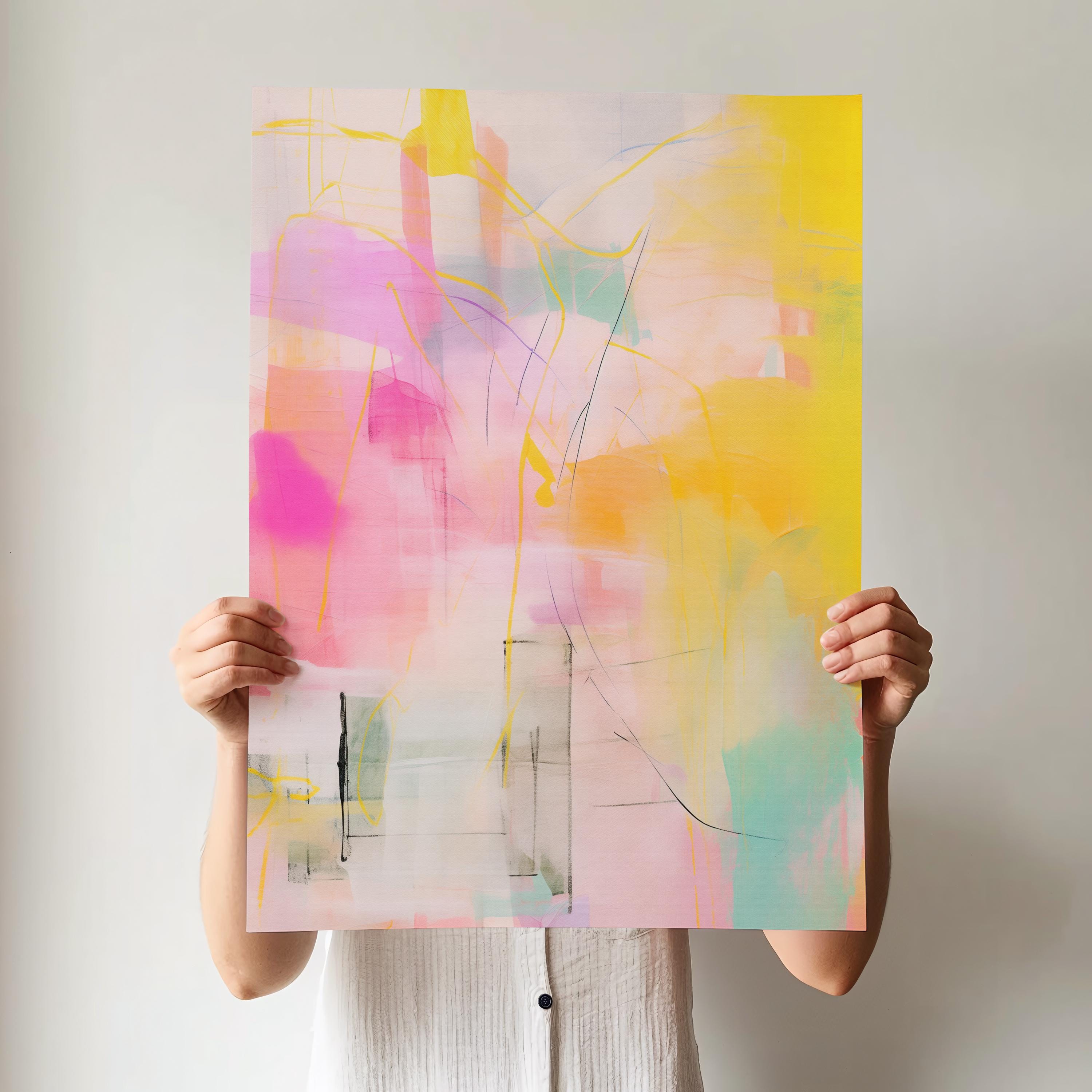 Vertical colorful abstract wall art featuring yellow, pink, and turquoise brushstrokes in a boho-inspired style. Ideal for bright, joyful living rooms or creative studio spaces. Available as large canvas or framed wall art by Muse Studio.