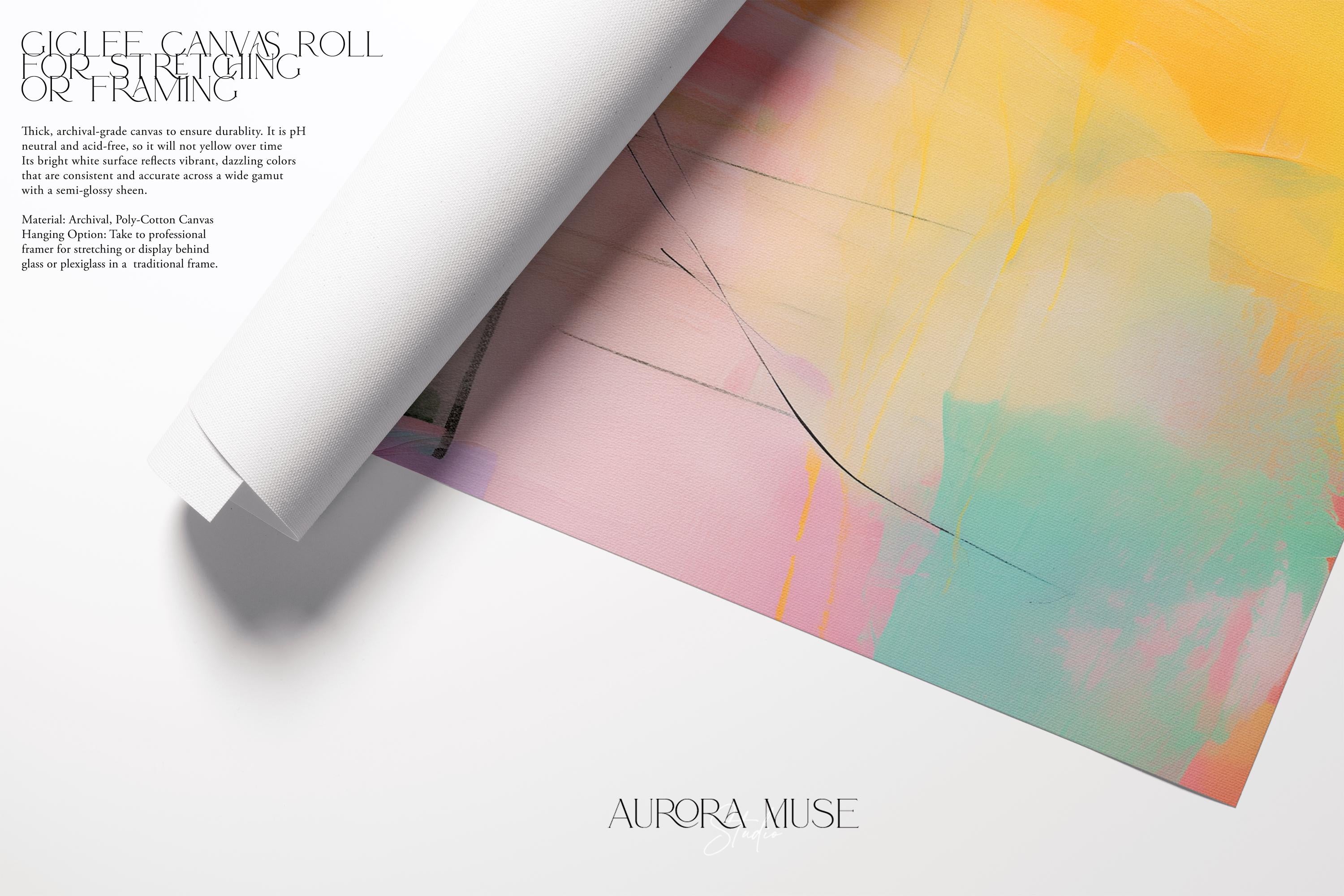 Bright abstract painting in vertical orientation featuring bold blends of yellow, pink, orange, and turquoise with layered linear details. The expressive brushwork and energetic palette bring a playful yet curated feel, aligning with boho decor and color pop interiors. Ideal for vertical placements like entryways, hallways, or feminine bedrooms. Available as a fine art poster or canvas wall art for curated, color-forward decor.