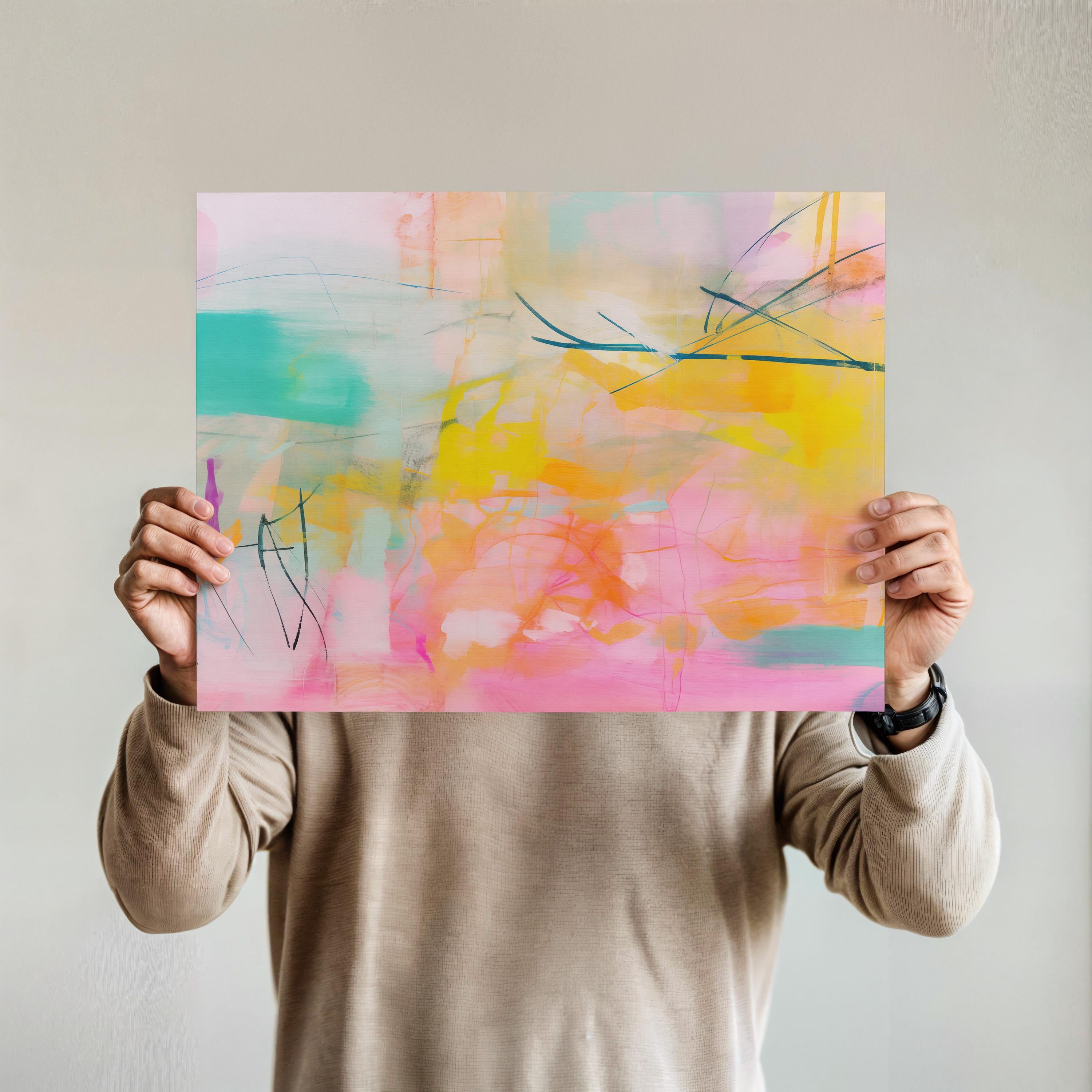 Large horizontal abstract wall art by Muse Studio in pink, citrus yellow, and soft turquoise printed with museum-grade giclée inks on premium gallery-wrapped artist canvas, styled in a whimsical nursery above a light wood crib.