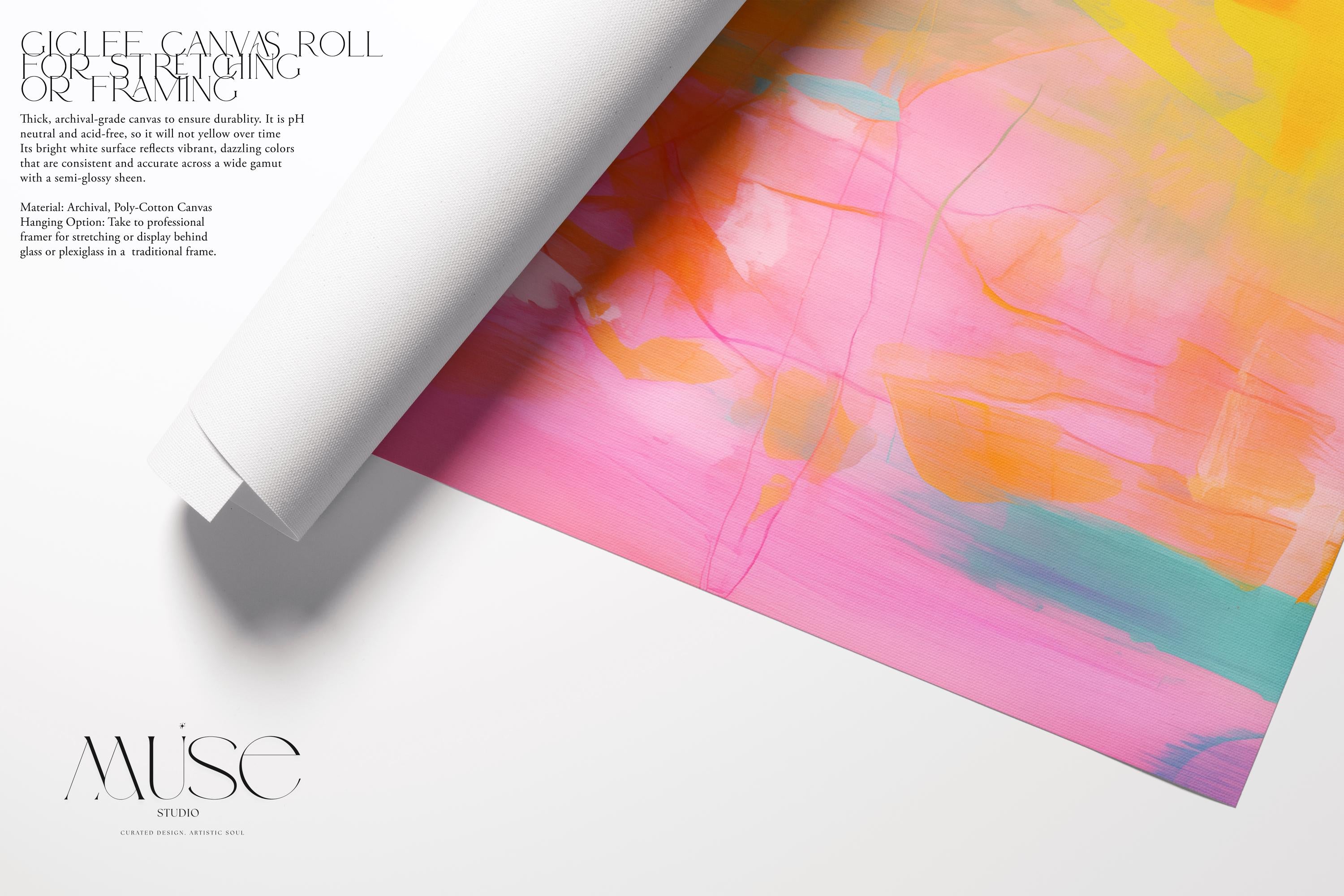 Colorful horizontal abstract painting in vibrant pink, yellow, and turquoise, layered with fluid brushstrokes and fine linear details. This cheerful composition is ideal for boho and color pop decor styles, perfect for brightening up living rooms, creative spaces, or modern apartments. Available as a fine art poster or canvas wall art for curated, color-forward decor.
