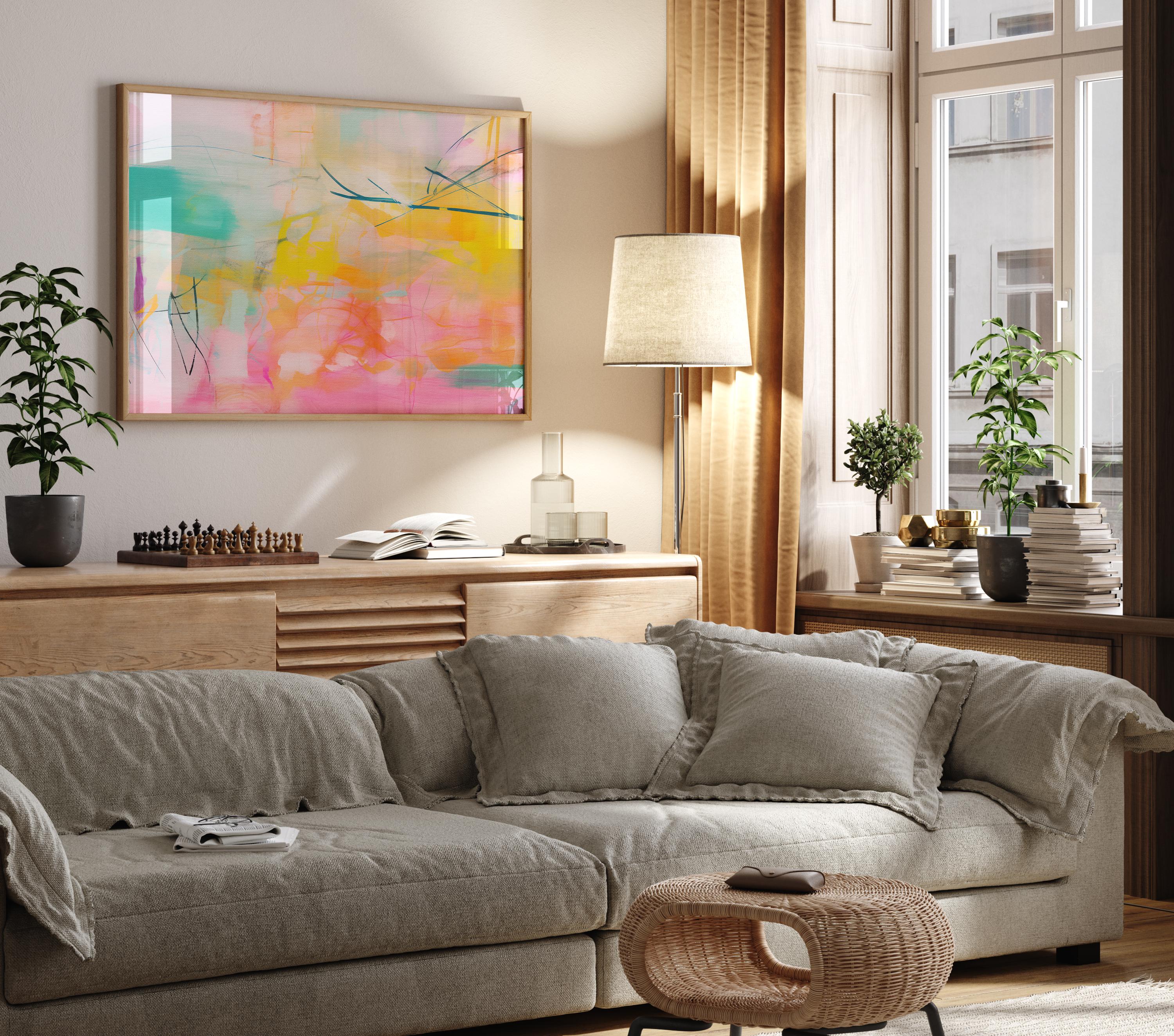 Colorful horizontal abstract painting in vibrant pink, yellow, and turquoise, layered with fluid brushstrokes and fine linear details. This cheerful composition is ideal for boho and color pop decor styles, perfect for brightening up living rooms, creative spaces, or modern apartments. Available as a fine art poster or canvas wall art for curated, color-forward decor.