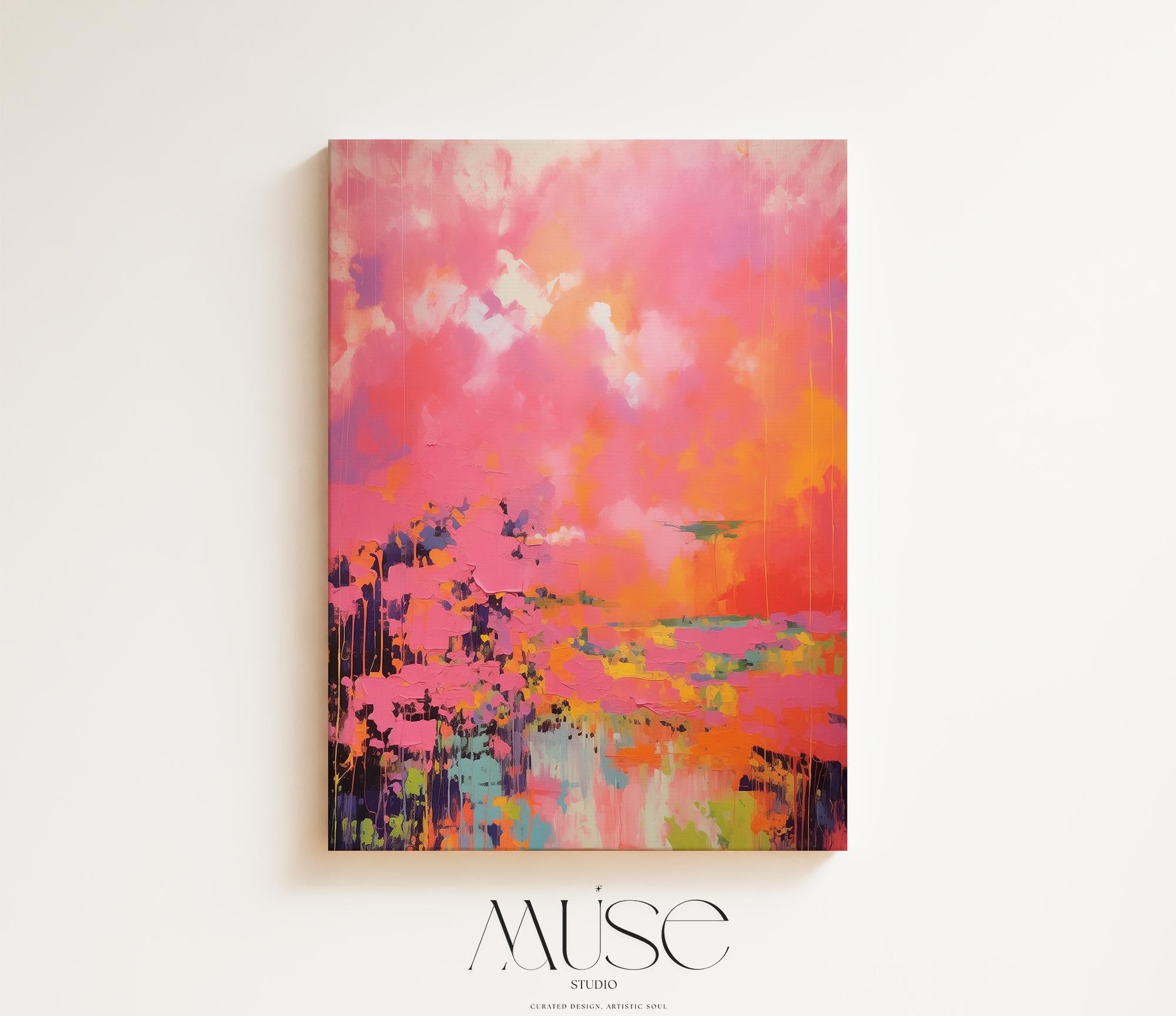 Vertical canvas wall art featuring bold sunset hues of pink, orange, coral, and lavender in a dreamy abstract landscape. Painted in expressive brushwork with glowing color fields, this piece blends beautifully with transitional or boho decor in bedrooms, entryways, or modern curated spaces. Available as a fine art poster or canvas wall art for curated, color-forward decor.