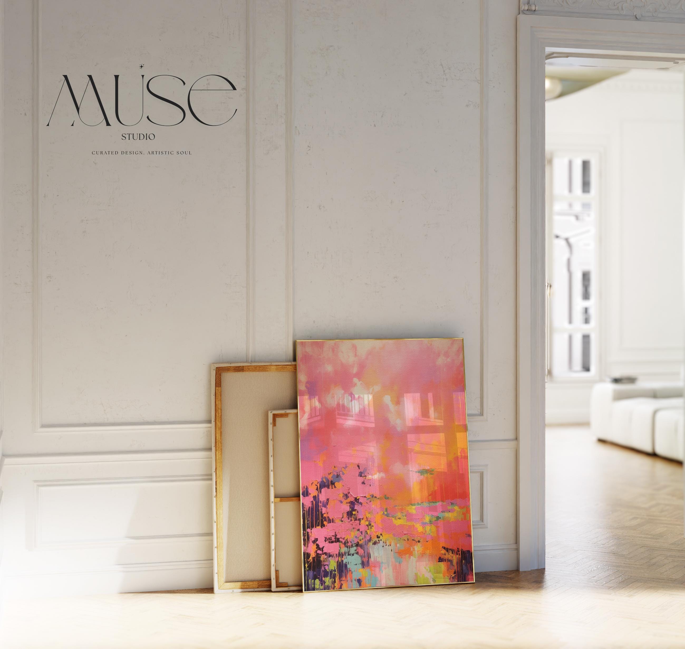 Vertical canvas wall art featuring bold sunset hues of pink, orange, coral, and lavender in a dreamy abstract landscape. Painted in expressive brushwork with glowing color fields, this piece blends beautifully with transitional or boho decor in bedrooms, entryways, or modern curated spaces. Available as a fine art poster or canvas wall art for curated, color-forward decor.