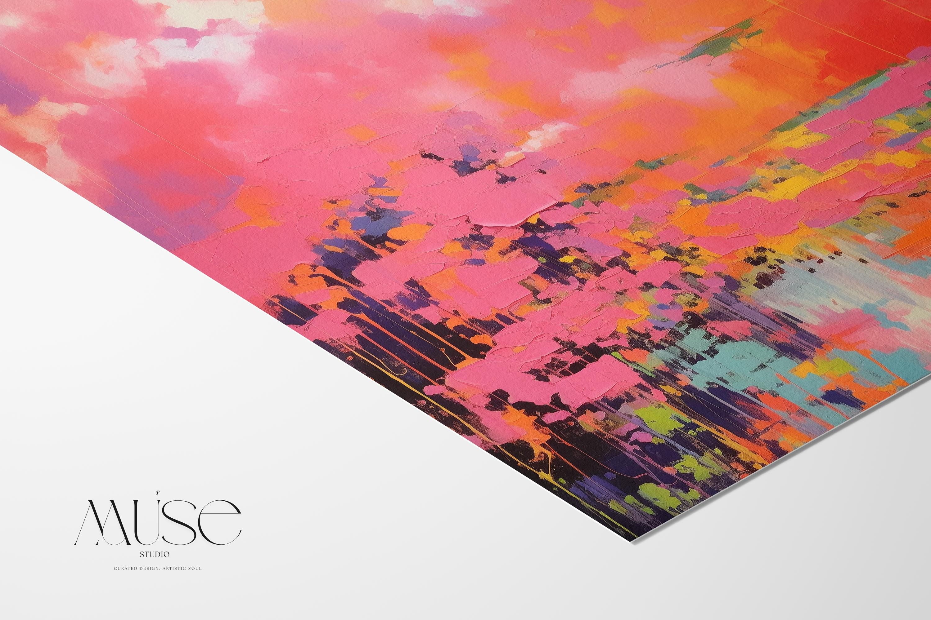 Vertical canvas wall art featuring bold sunset hues of pink, orange, coral, and lavender in a dreamy abstract landscape. Painted in expressive brushwork with glowing color fields, this piece blends beautifully with transitional or boho decor in bedrooms, entryways, or modern curated spaces. Available as a fine art poster or canvas wall art for curated, color-forward decor.