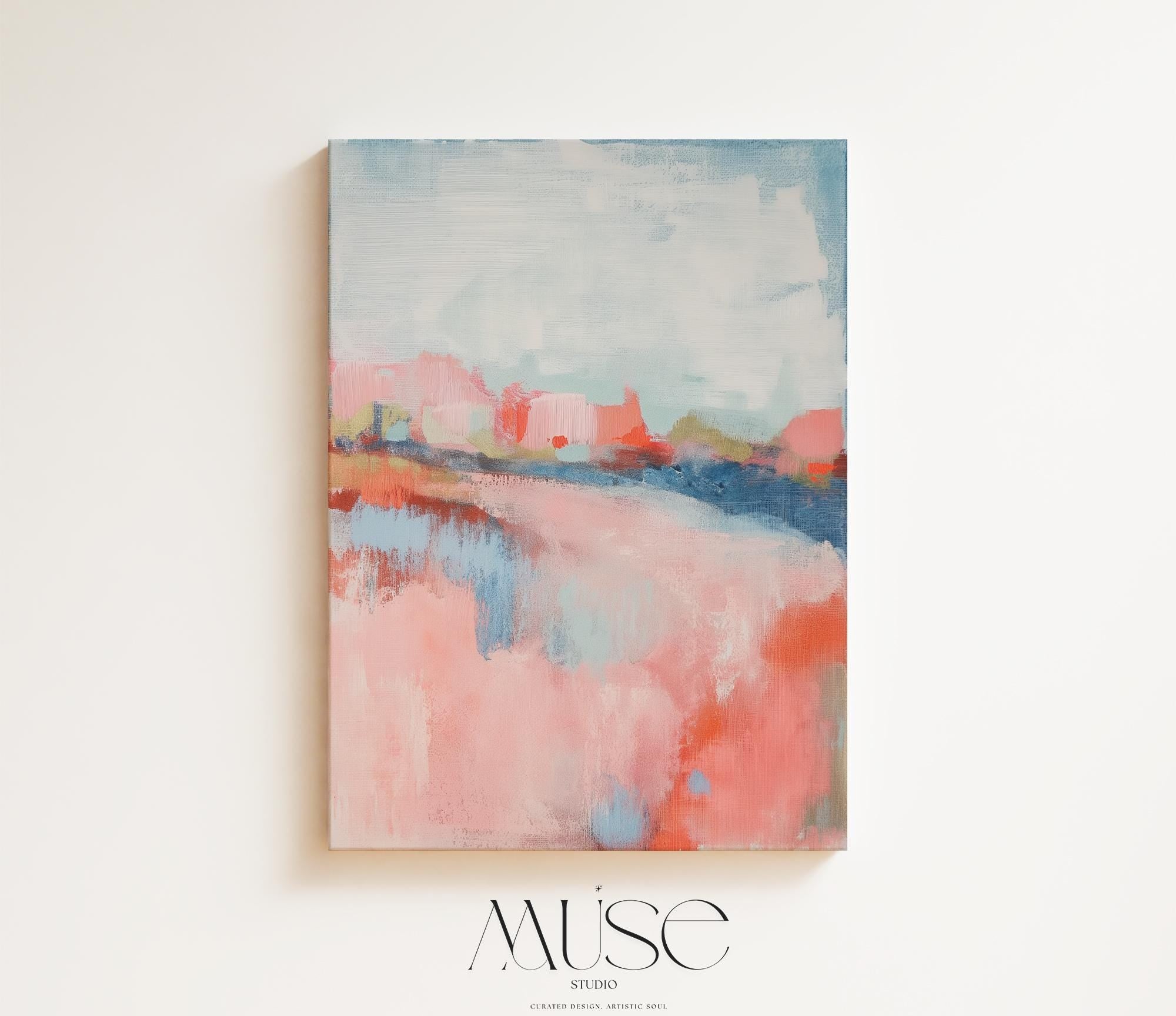 Abstract landscape canvas art featuring coral, soft blush, and blue tones in a peaceful painterly composition. Inspired by nature’s horizon, this vertical piece pairs beautifully with transitional, boho, or serene bedroom decor. Available as a fine art poster or canvas wall art for curated, color-forward decor.