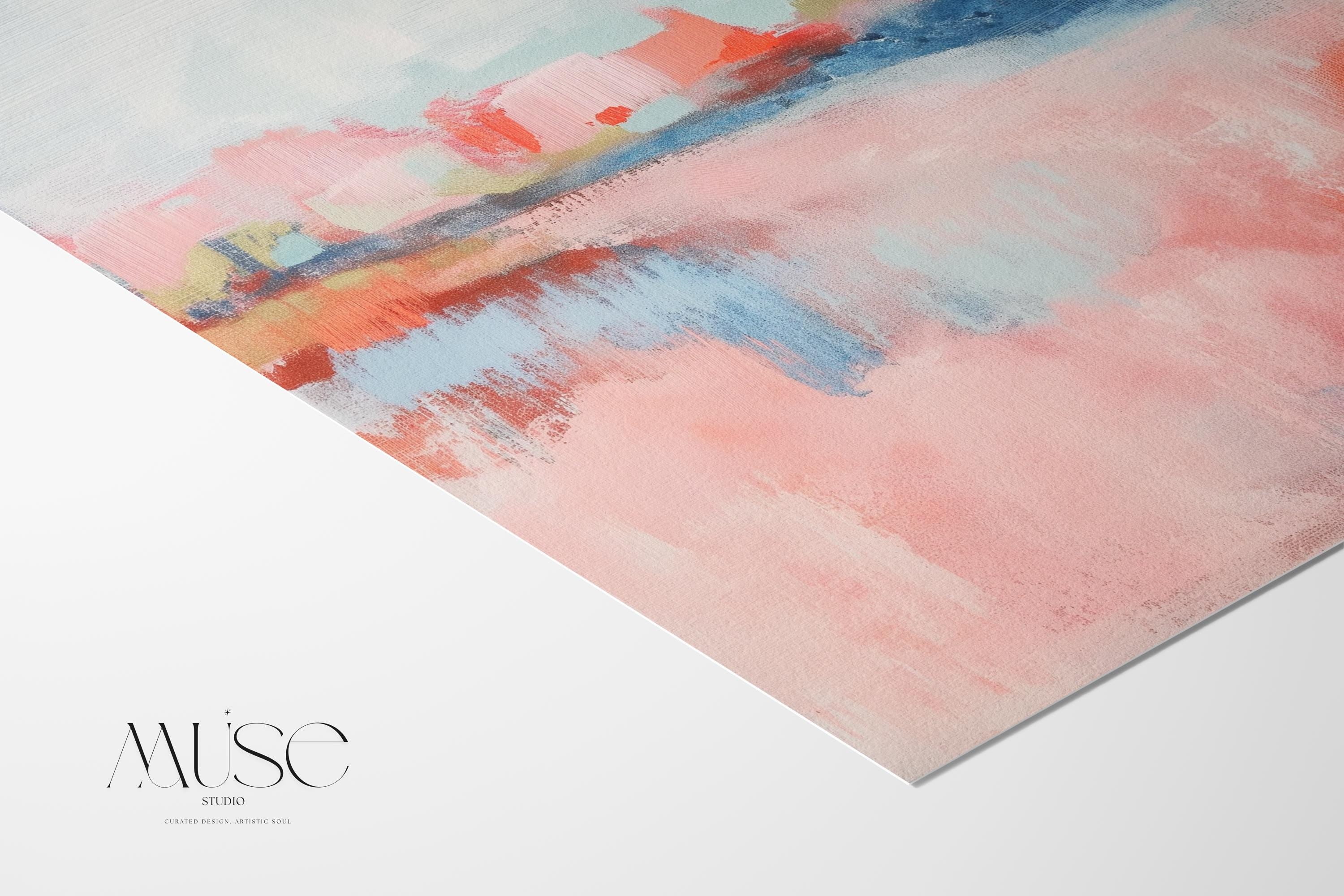 Abstract landscape canvas art featuring coral, soft blush, and blue tones in a peaceful painterly composition. Inspired by nature’s horizon, this vertical piece pairs beautifully with transitional, boho, or serene bedroom decor. Available as a fine art poster or canvas wall art for curated, color-forward decor.