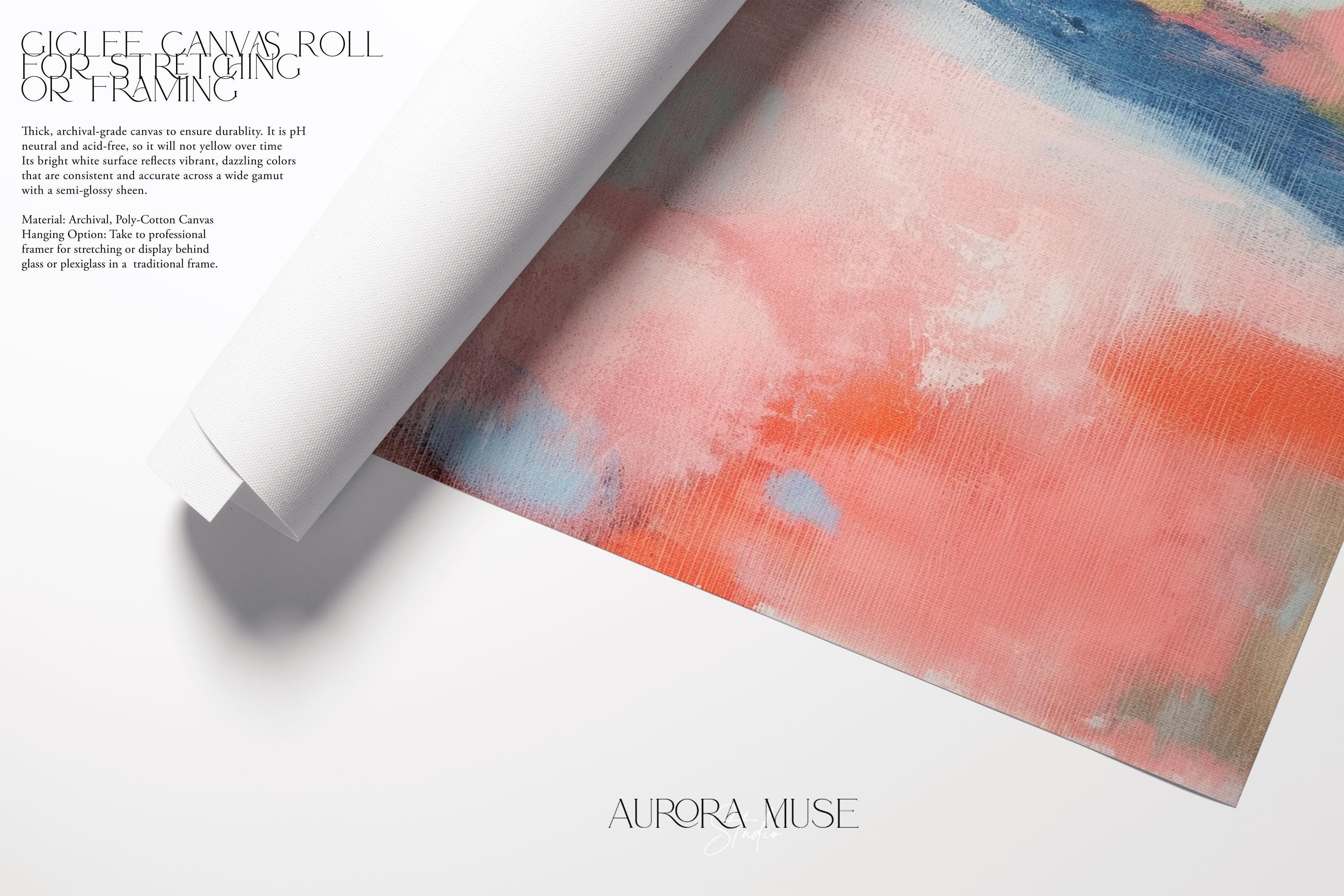 Abstract landscape canvas art featuring coral, soft blush, and blue tones in a peaceful painterly composition. Inspired by nature’s horizon, this vertical piece pairs beautifully with transitional, boho, or serene bedroom decor. Available as a fine art poster or canvas wall art for curated, color-forward decor.