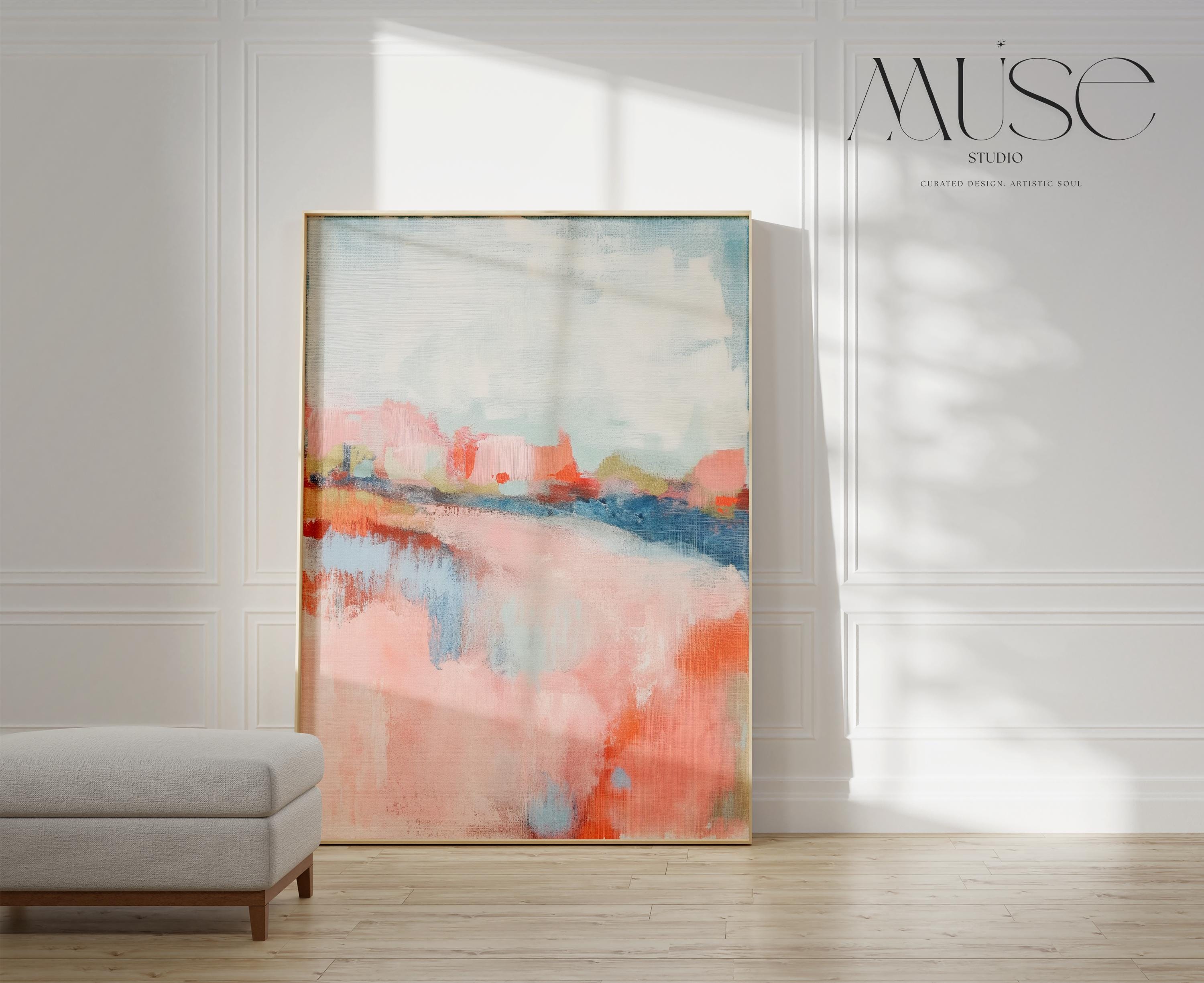 Abstract landscape canvas art featuring coral, soft blush, and blue tones in a peaceful painterly composition. Inspired by nature’s horizon, this vertical piece pairs beautifully with transitional, boho, or serene bedroom decor. Available as a fine art poster or canvas wall art for curated, color-forward decor.