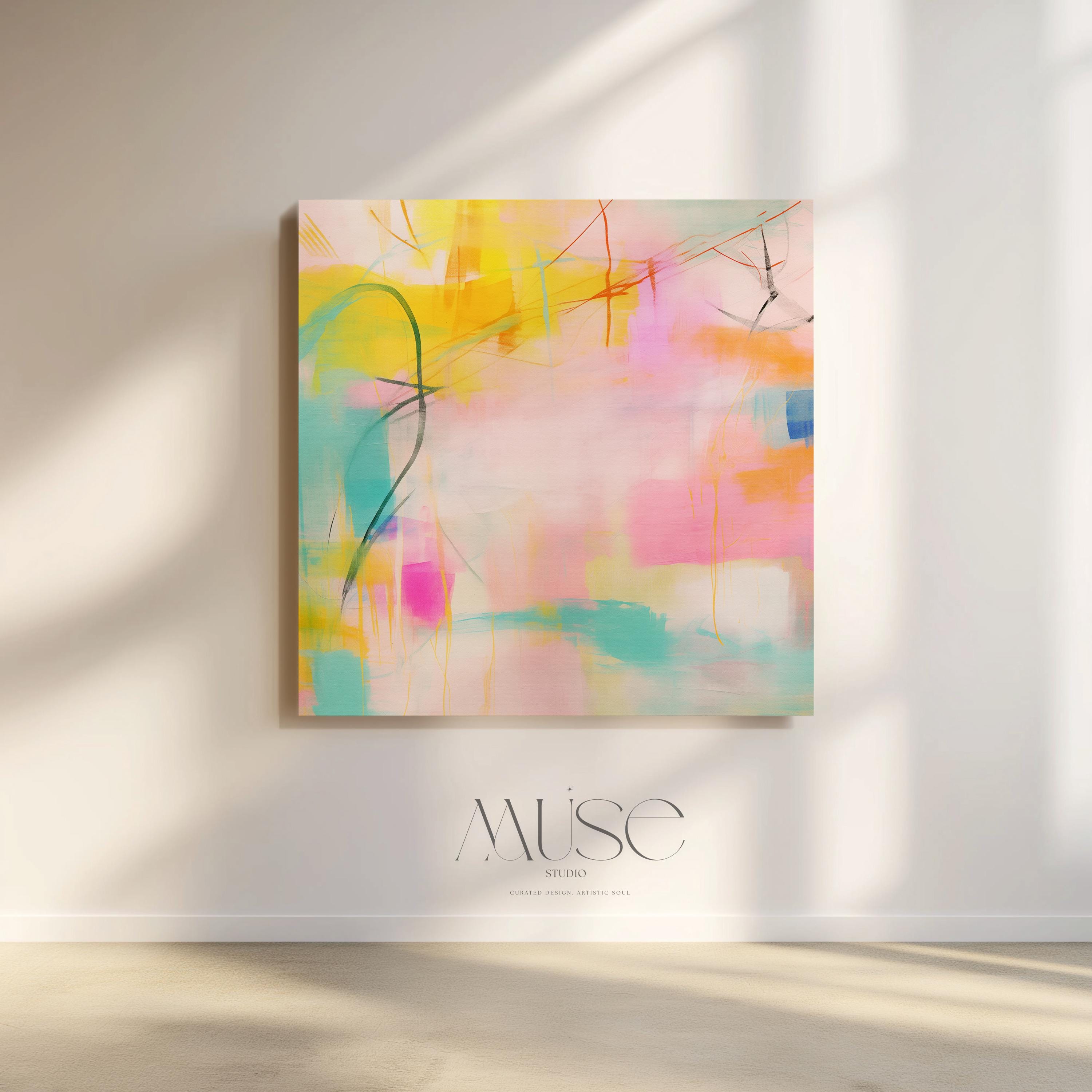 Soft pastel abstract square artwork featuring pink, aqua, and yellow tones with expressive brushwork and layered texture. A glowing, airy composition perfect for boho living rooms, feminine nurseries, or modern serene interiors. Available as a fine art poster or canvas wall art for curated, color-forward decor.