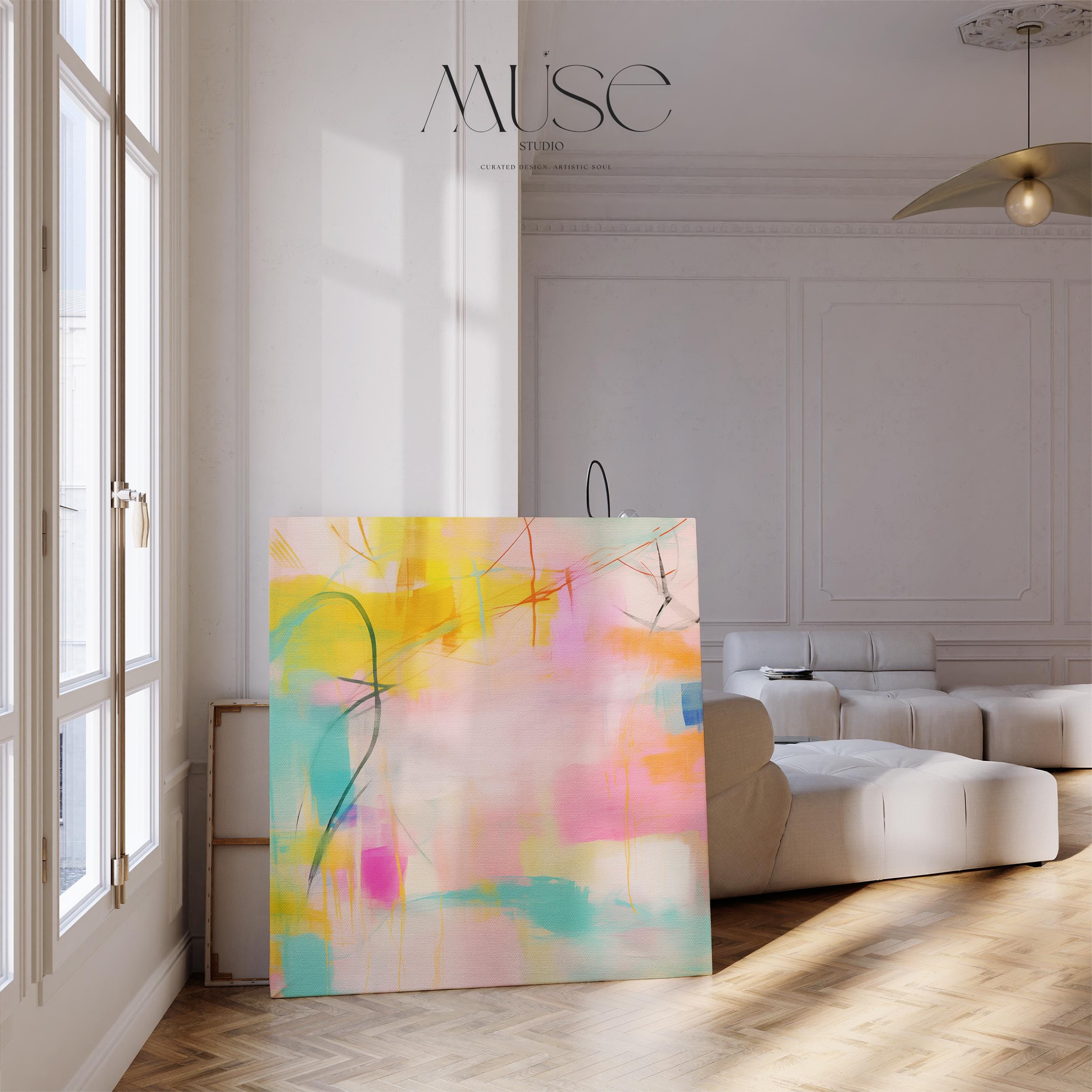 Soft pastel abstract square artwork featuring pink, aqua, and yellow tones with expressive brushwork and layered texture. A glowing, airy composition perfect for boho living rooms, feminine nurseries, or modern serene interiors. Available as a fine art poster or canvas wall art for curated, color-forward decor.