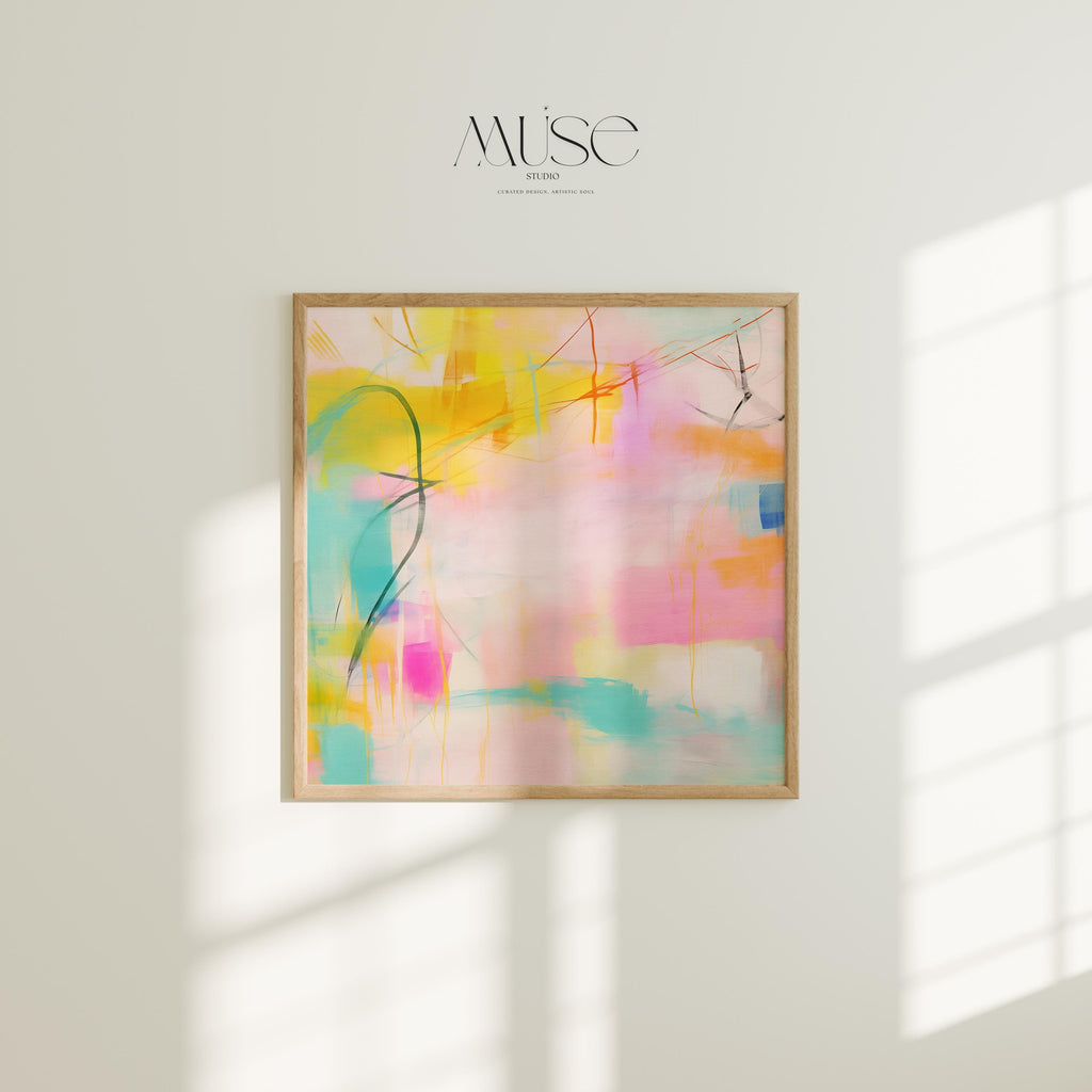 Soft pastel abstract square artwork featuring pink, aqua, and yellow tones with expressive brushwork and layered texture. A glowing, airy composition perfect for boho living rooms, feminine nurseries, or modern serene interiors. Available as a fine art poster or canvas wall art for curated, color-forward decor.
