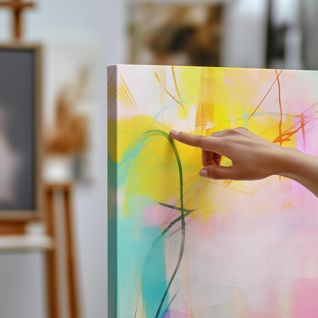Soft pastel abstract square artwork featuring pink, aqua, and yellow tones with expressive brushwork and layered texture. A glowing, airy composition perfect for boho living rooms, feminine nurseries, or modern serene interiors. Available as a fine art poster or canvas wall art for curated, color-forward decor.