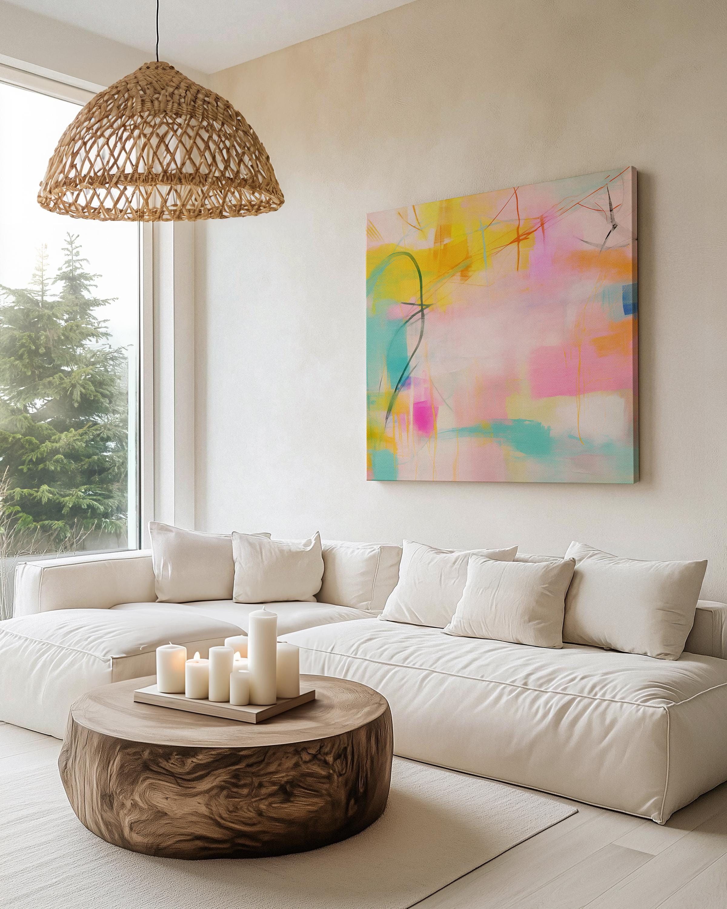 Soft pastel abstract square artwork featuring pink, aqua, and yellow tones with expressive brushwork and layered texture. A glowing, airy composition perfect for boho living rooms, feminine nurseries, or modern serene interiors. Available as a fine art poster or canvas wall art for curated, color-forward decor.