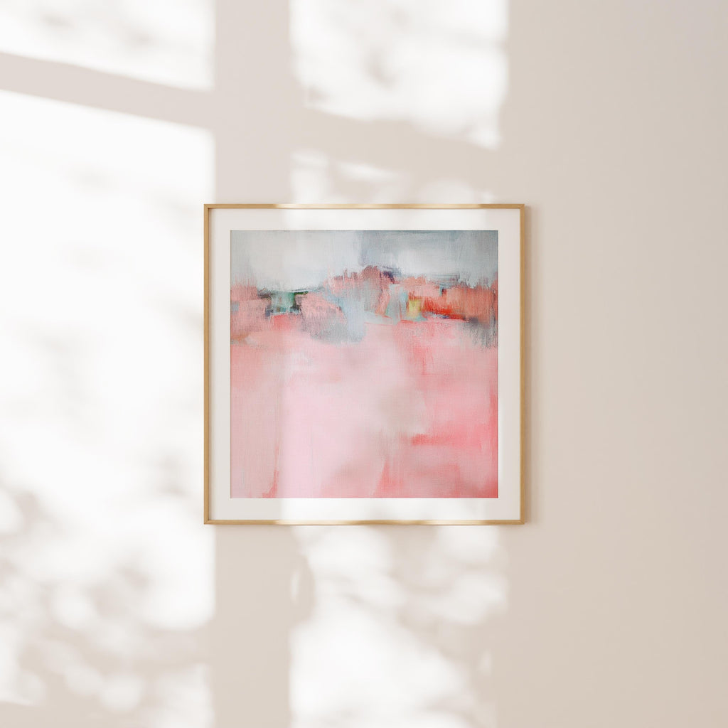 Large pastel abstract canvas art in soft blush pink, peach, and aqua, featuring airy brushstrokes and gentle transitions. Designed for modern boho or warm minimalist interiors, ideal for living rooms or bedrooms. Available as a fine art poster or canvas wall art for curated, color-forward decor.