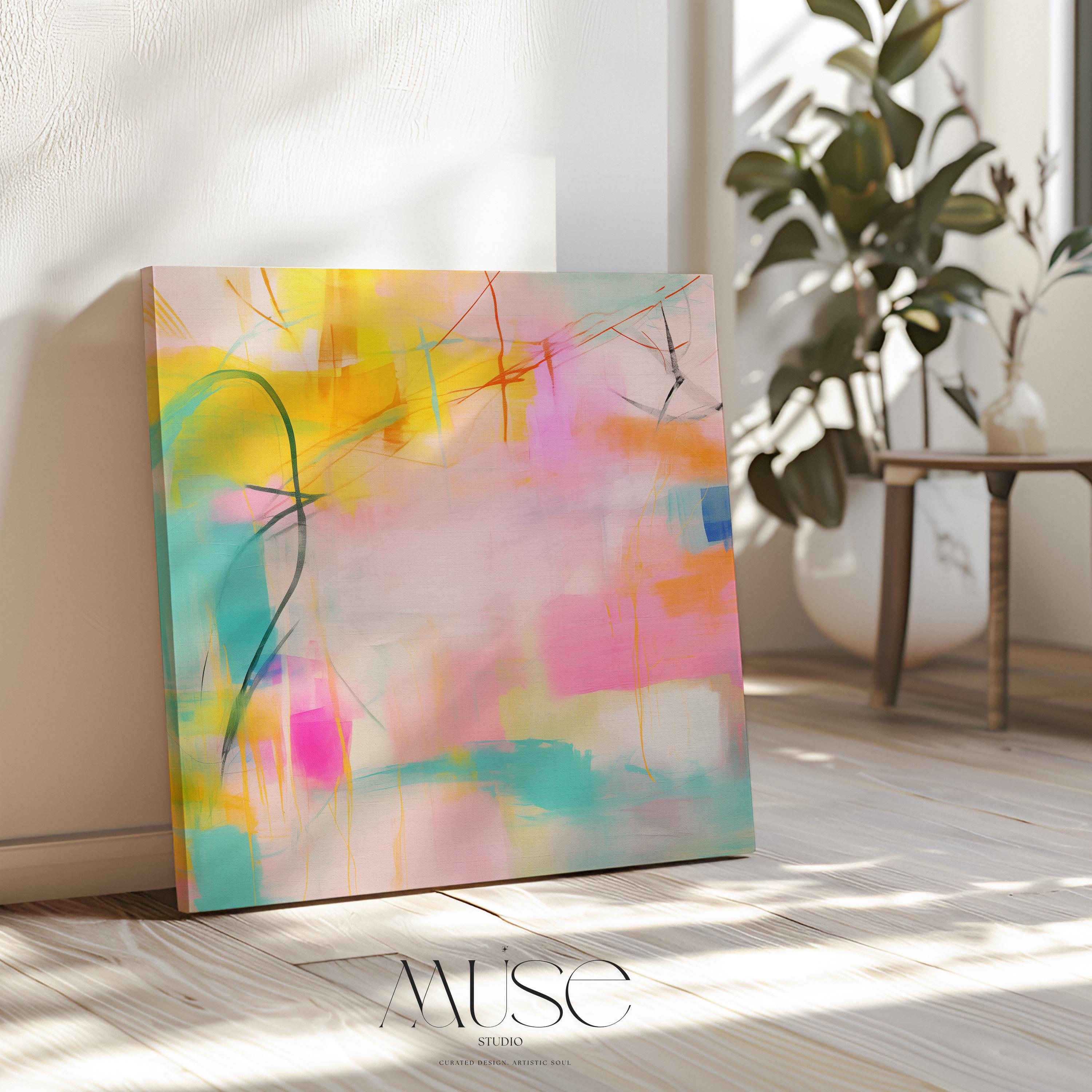 Colorful abstract canvas art by Muse Studio featuring bright pink, yellow, turquoise, and orange painterly brushwork in a playful vertical composition. Aurora Muse 003 is styled as bold kids room wall decor, nursery wall art, colorful office decor, and contemporary living room art, printed with museum-grade giclée inks on premium gallery-wrapped artist canvas with framed canvas options available.