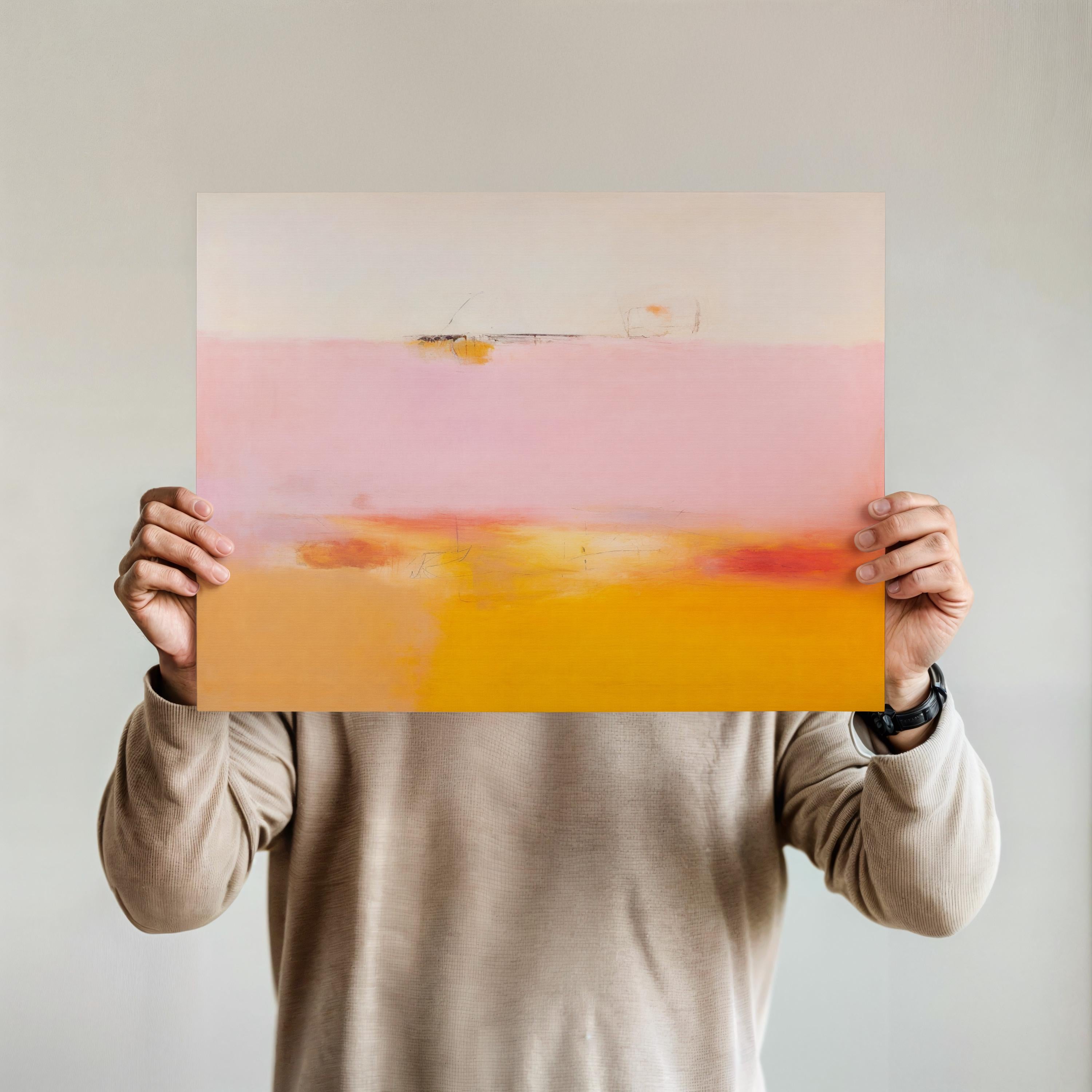 Horizontal abstract canvas in pink, peach, and golden yellow with soft blended horizon; ideal for living room or bedroom styling in warm minimalist and soft contemporary interiors; gallery-wrapped canvas by Muse Studio.