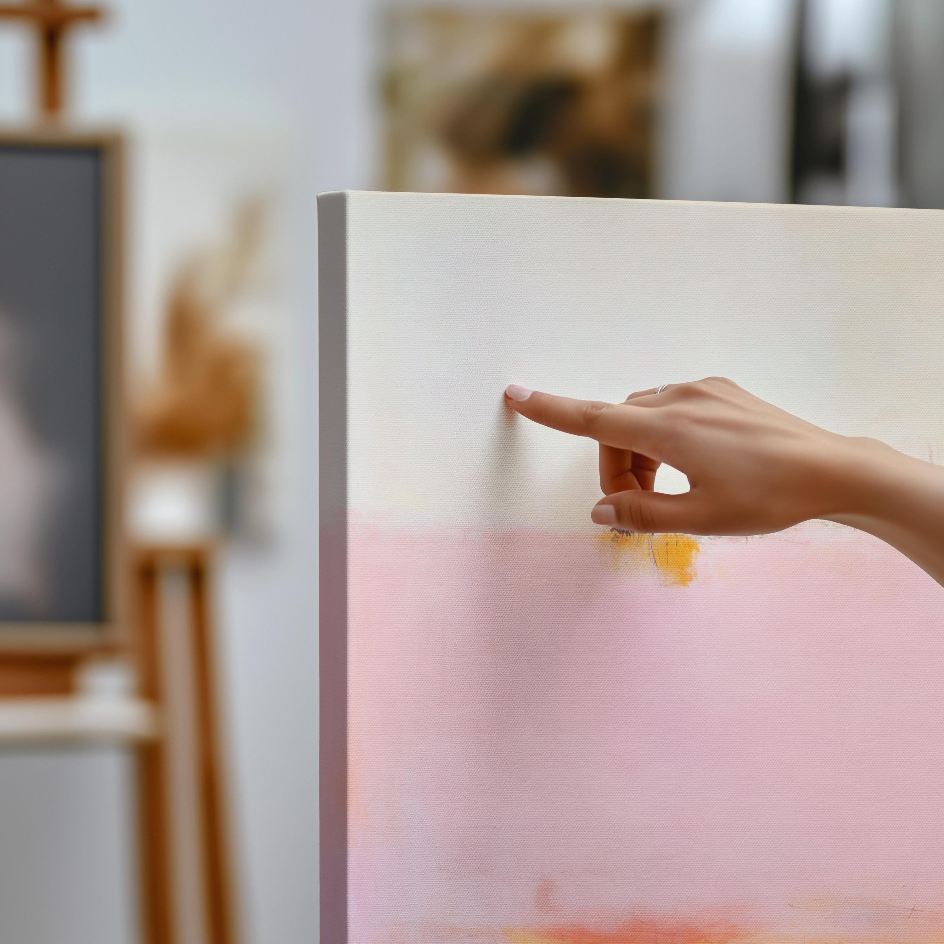 Horizontal abstract canvas in pink, peach, and golden yellow with soft blended horizon; ideal for living room or bedroom styling in warm minimalist and soft contemporary interiors; gallery-wrapped canvas by Muse Studio.