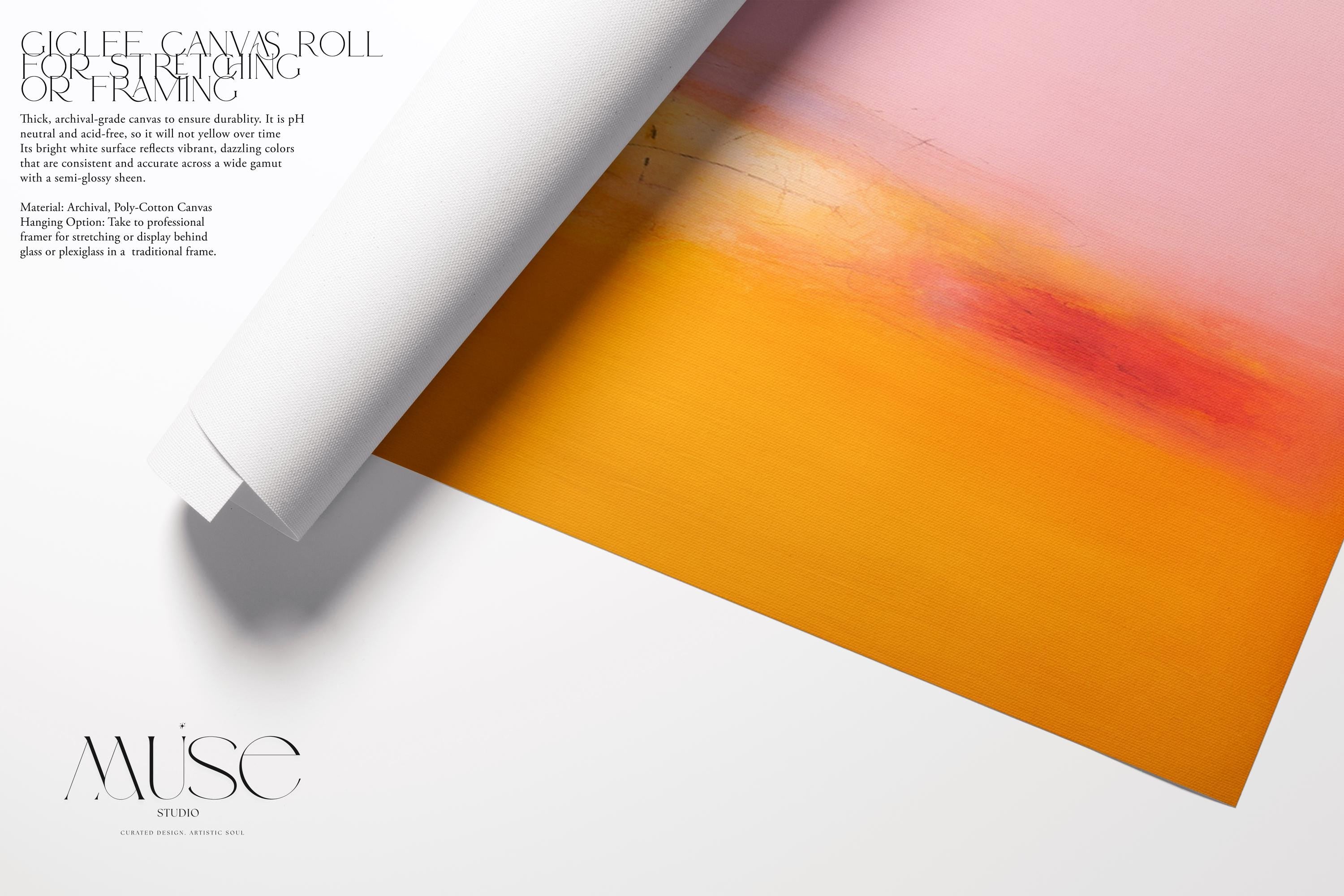 Horizontal abstract canvas in pink, peach, and golden yellow with soft blended horizon; ideal for living room or bedroom styling in warm minimalist and soft contemporary interiors; gallery-wrapped canvas by Muse Studio.