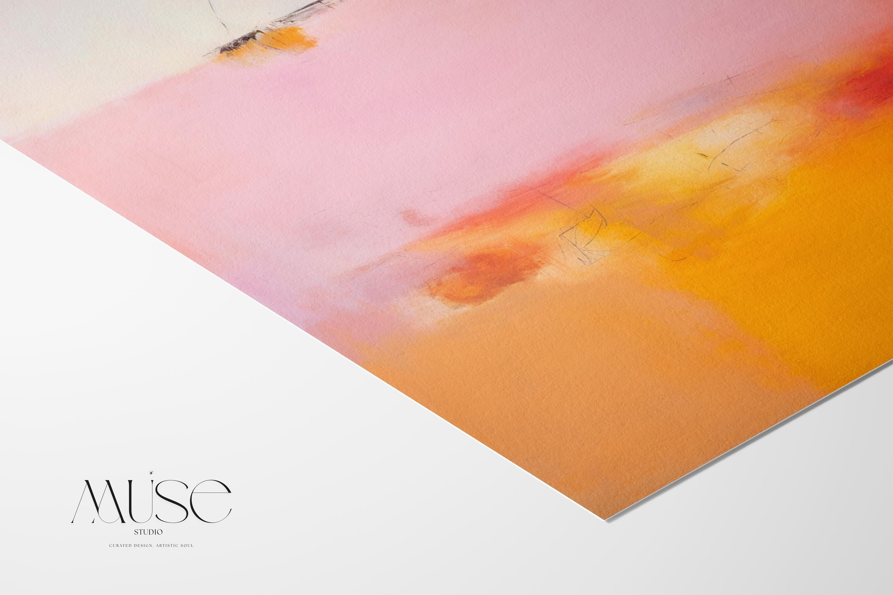 Horizontal abstract canvas in pink, peach, and golden yellow with soft blended horizon; ideal for living room or bedroom styling in warm minimalist and soft contemporary interiors; gallery-wrapped canvas by Muse Studio.