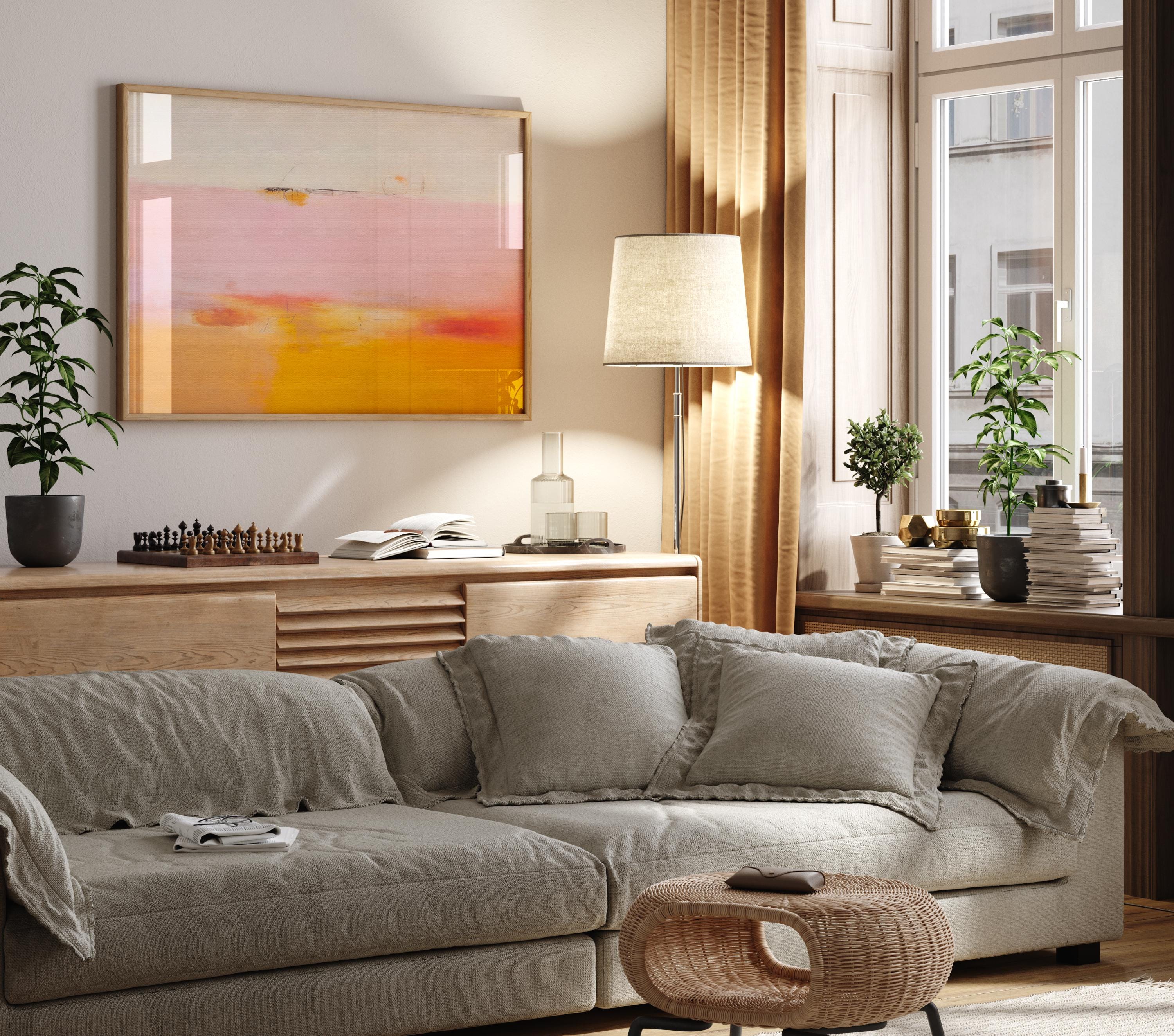 Horizontal abstract canvas in pink, peach, and golden yellow with soft blended horizon; ideal for living room or bedroom styling in warm minimalist and soft contemporary interiors; gallery-wrapped canvas by Muse Studio.
