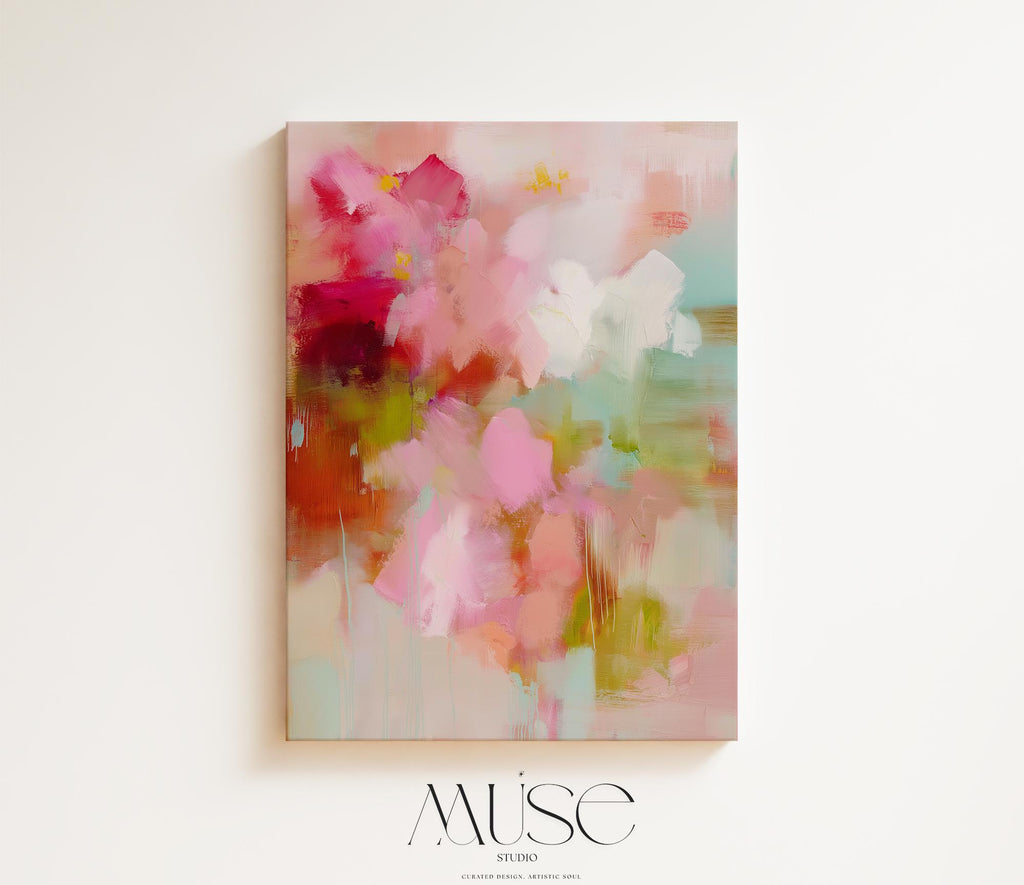Floral wall art featuring petal pink, blush rose, fresh green, and soft cream in a Romantic Botanical abstract composition, Muse Studio large canvas wall art crafted on premium gallery-wrapped artist canvas with museum-grade giclée inks, available framed or unframed for bedroom or living room placement.