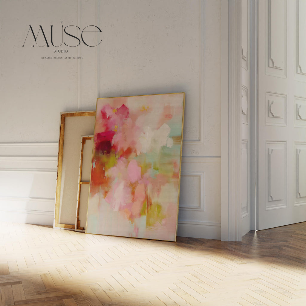 Floral-inspired abstract wall art with pink, blush, green, and soft cream tones, painted in a soft botanical style. Perfect as large-scale canvas or fine art print for bedrooms or cozy living spaces with feminine or boho decor. Available as a fine art poster or canvas wall art for curated, color-forward decor.