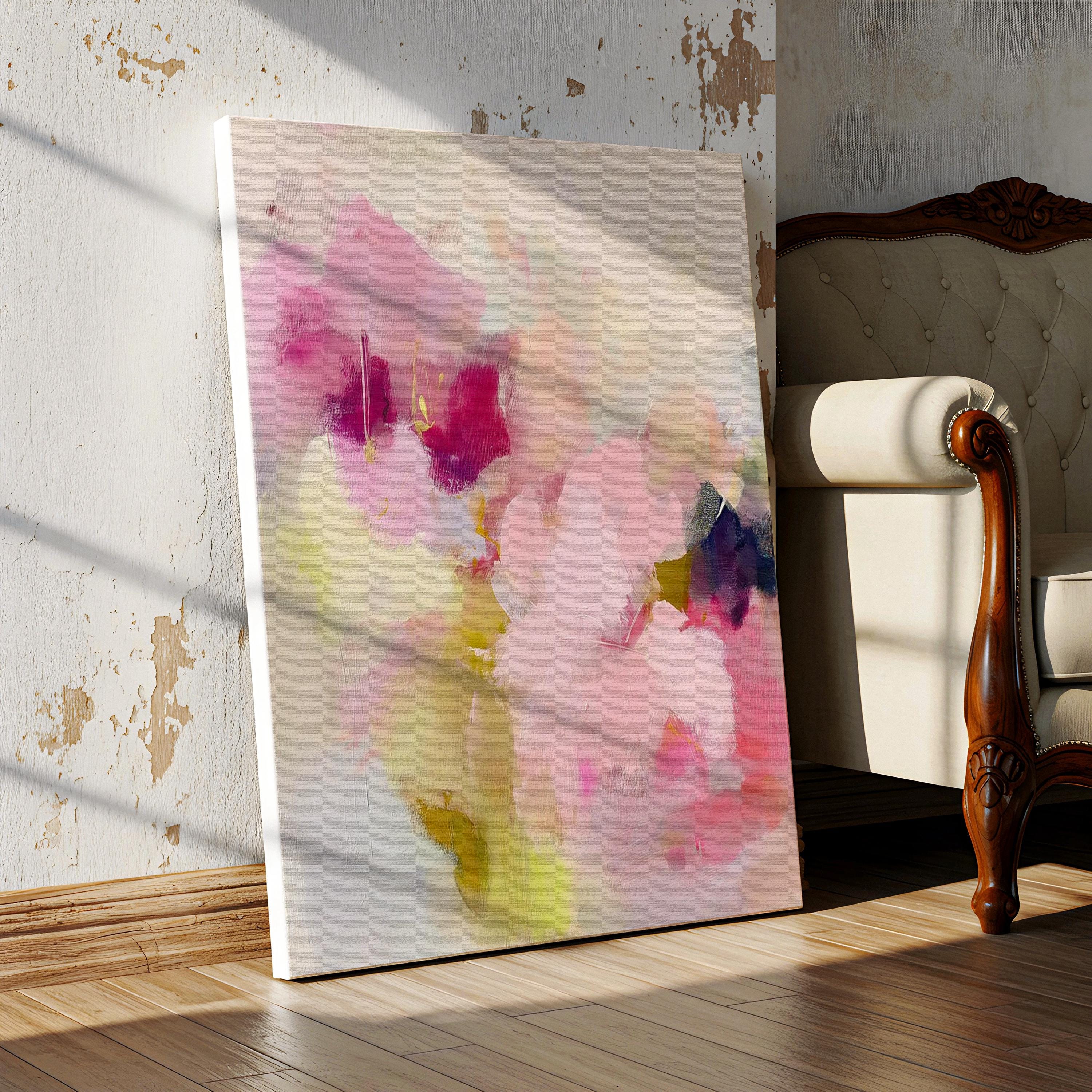 Soft botanical abstract wall art in pink, plum, and sage green. Painterly floral composition evokes a romantic, feminine aesthetic—perfect for boho bedrooms, nursery walls, or pastel-themed decor. Stretched Canvas Art Large abstract wall decor on stretched canvas, gallery-wrapped and ready to hang. Perfect for colorful wall art in living rooms, office spaces, and design projects. Giclée canvas print with bold brushwork and vibrant modern style for impactful home decor. Muse Studio Decor Art.