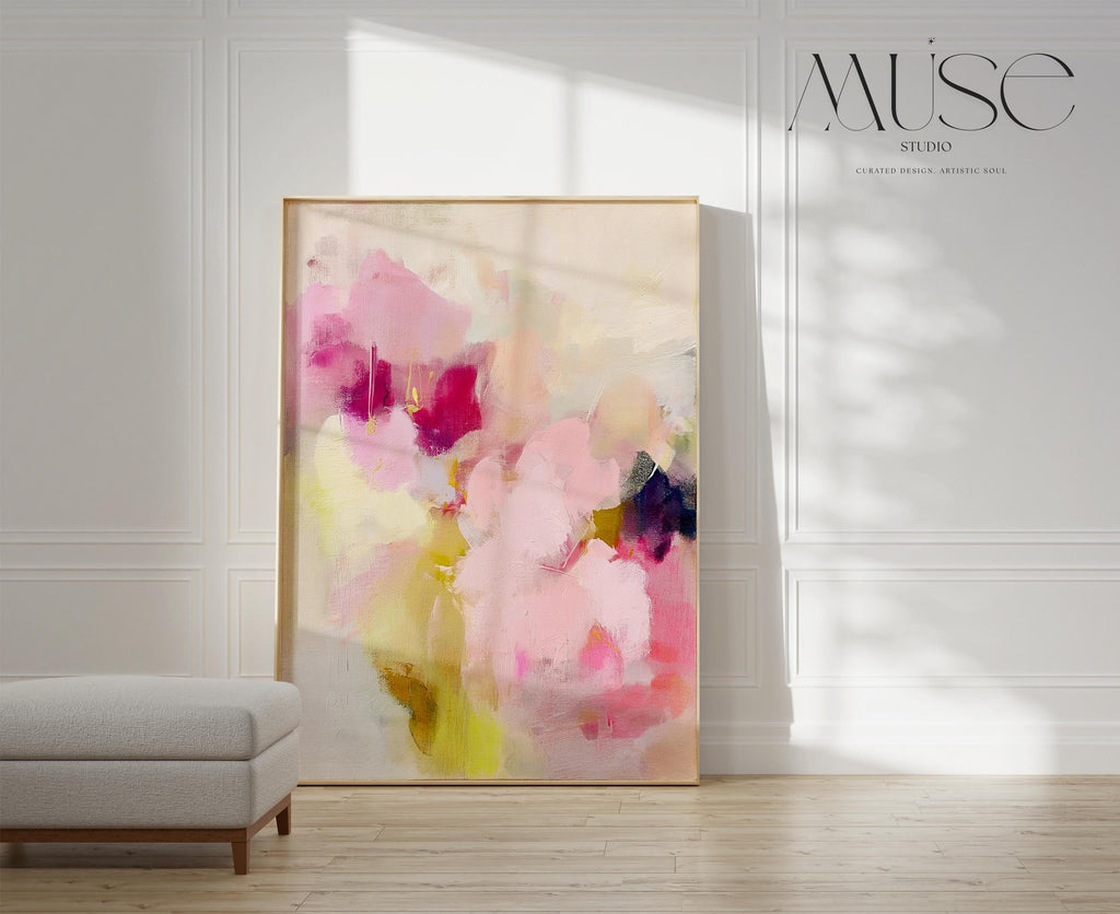 Soft botanical abstract wall art in pink, plum, and sage green. Painterly floral composition evokes a romantic, feminine aesthetic—perfect for boho bedrooms, nursery walls, or pastel-themed decor. Available as a fine art poster or canvas wall art for curated, color-forward decor.