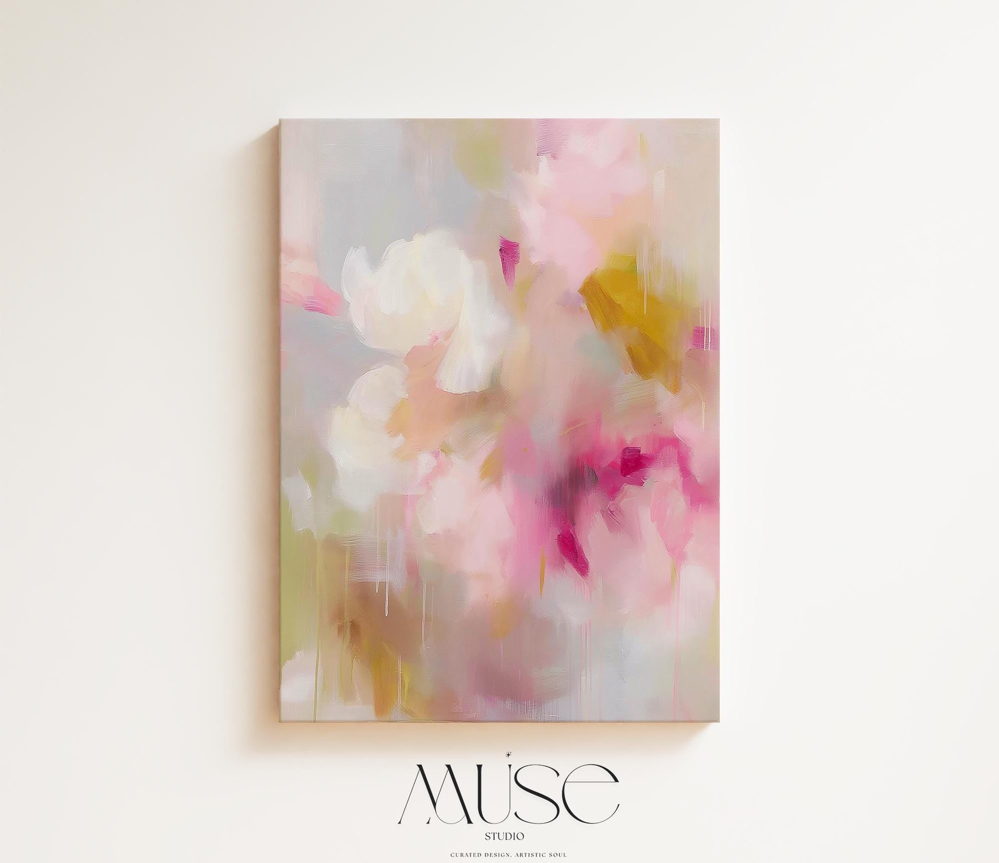Floral abstract wall art by Muse Studio titled Golden Bloom 053, featuring blush pink, ochre, and ivory pastel tones in a modern cottage composition, printed with museum-quality giclée inks on gallery-wrapped canvas for refined transitional interiors.