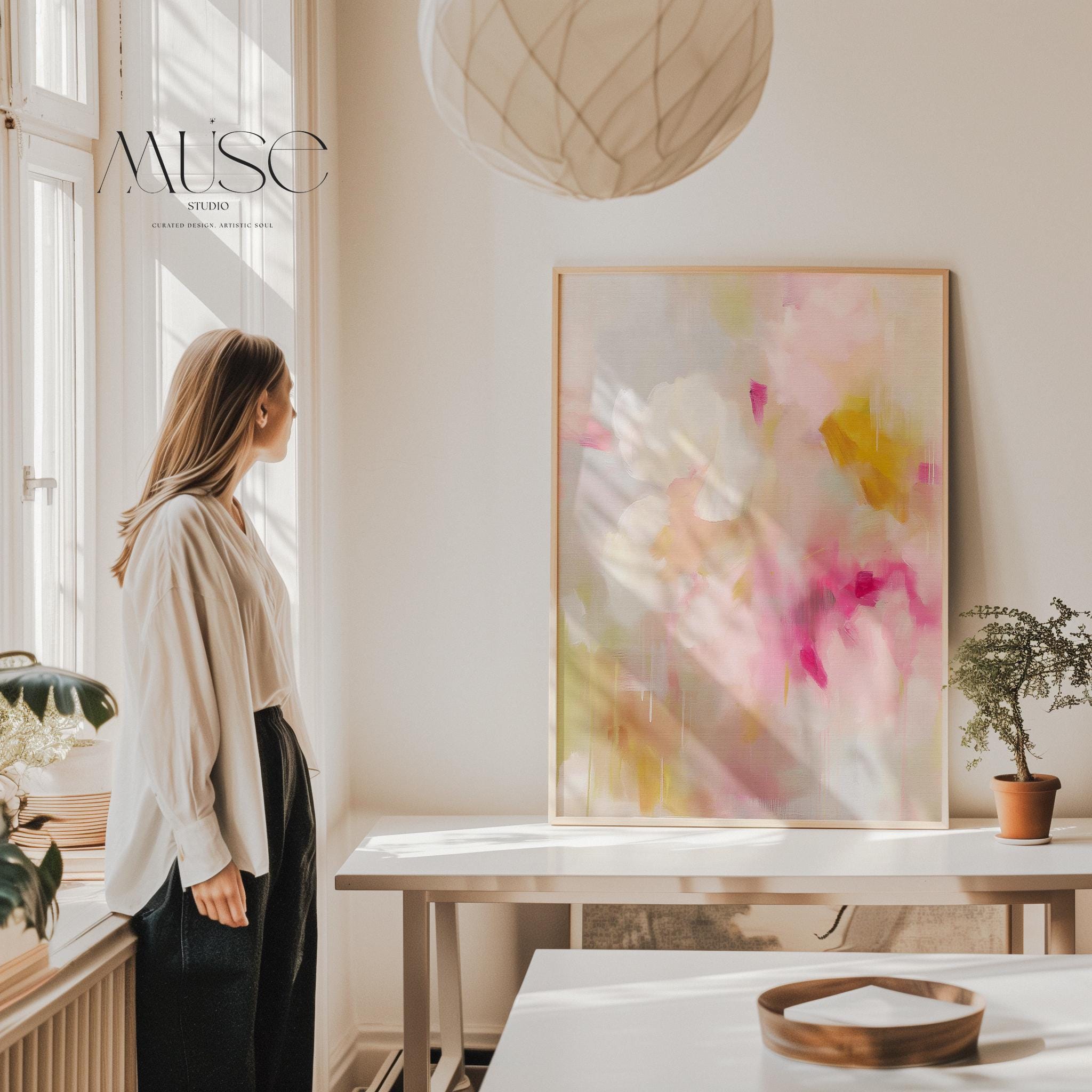 Floral abstract wall art by Muse Studio titled Golden Bloom 053, featuring blush pink, ochre, and ivory pastel tones in a modern cottage composition, printed with museum-quality giclée inks on gallery-wrapped canvas for refined transitional interiors.